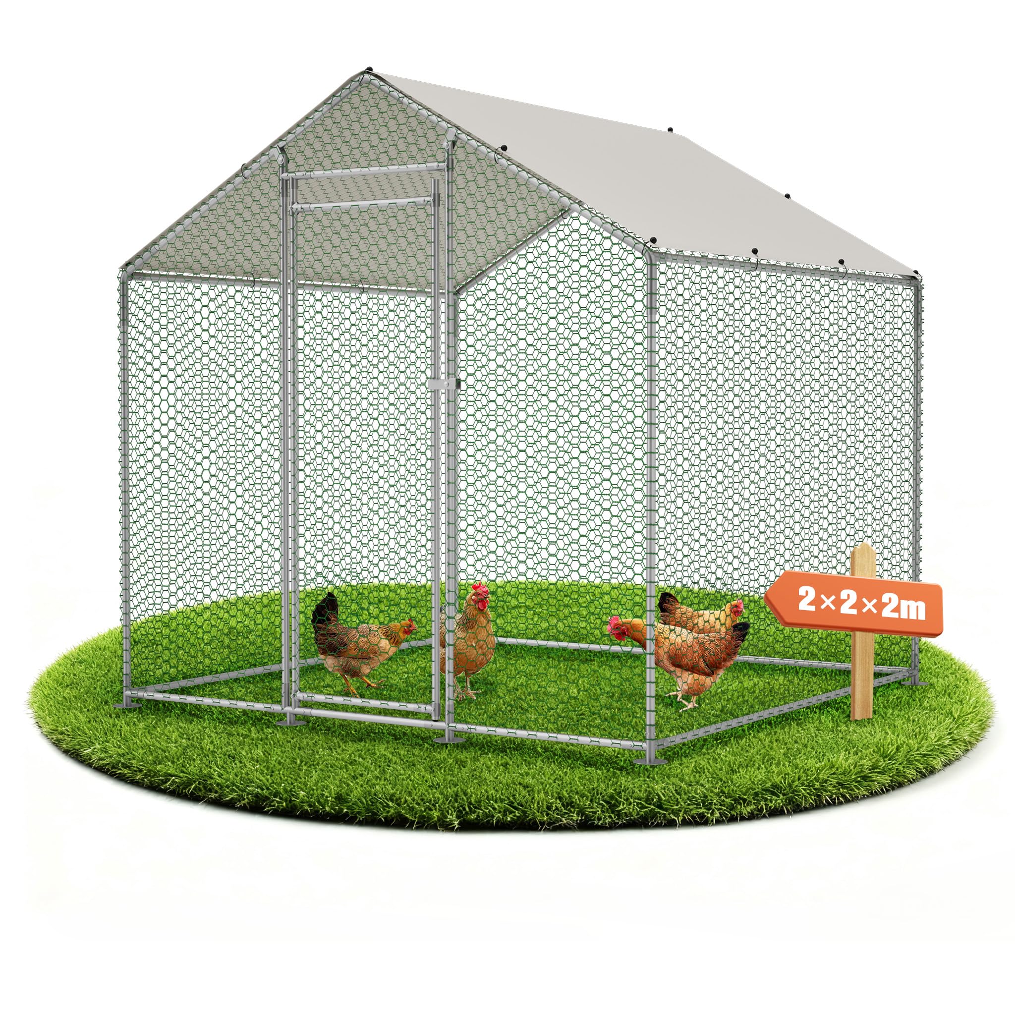 Hühnerstall 2x2x2m – Freilaufgehege Hühnerhaus mit PE-Dachabdeckung, Tür & Schloss, Winterfest Aussengehege für Kaninchen, Hühner, Gänse Tauben und Wachteln