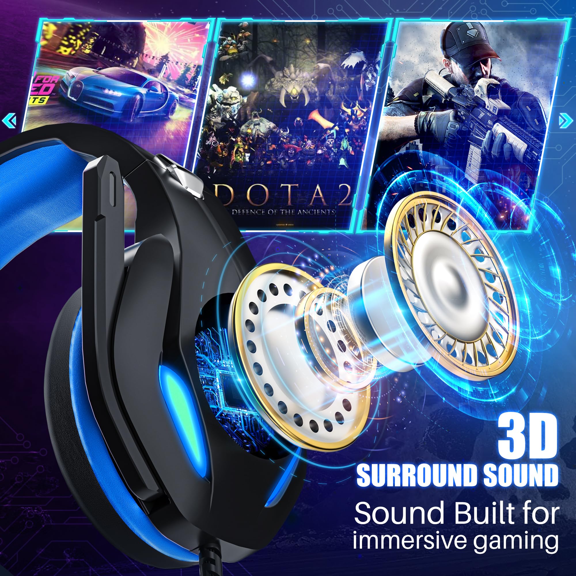 Casque Gaming avec Micro pour PS4 / PS5 / PC/Xbox One - Casque Gamer Audio Filaire Stéréo Surround avec Câble et LED - Ecouteurs Filaire à Réduction de Bruit