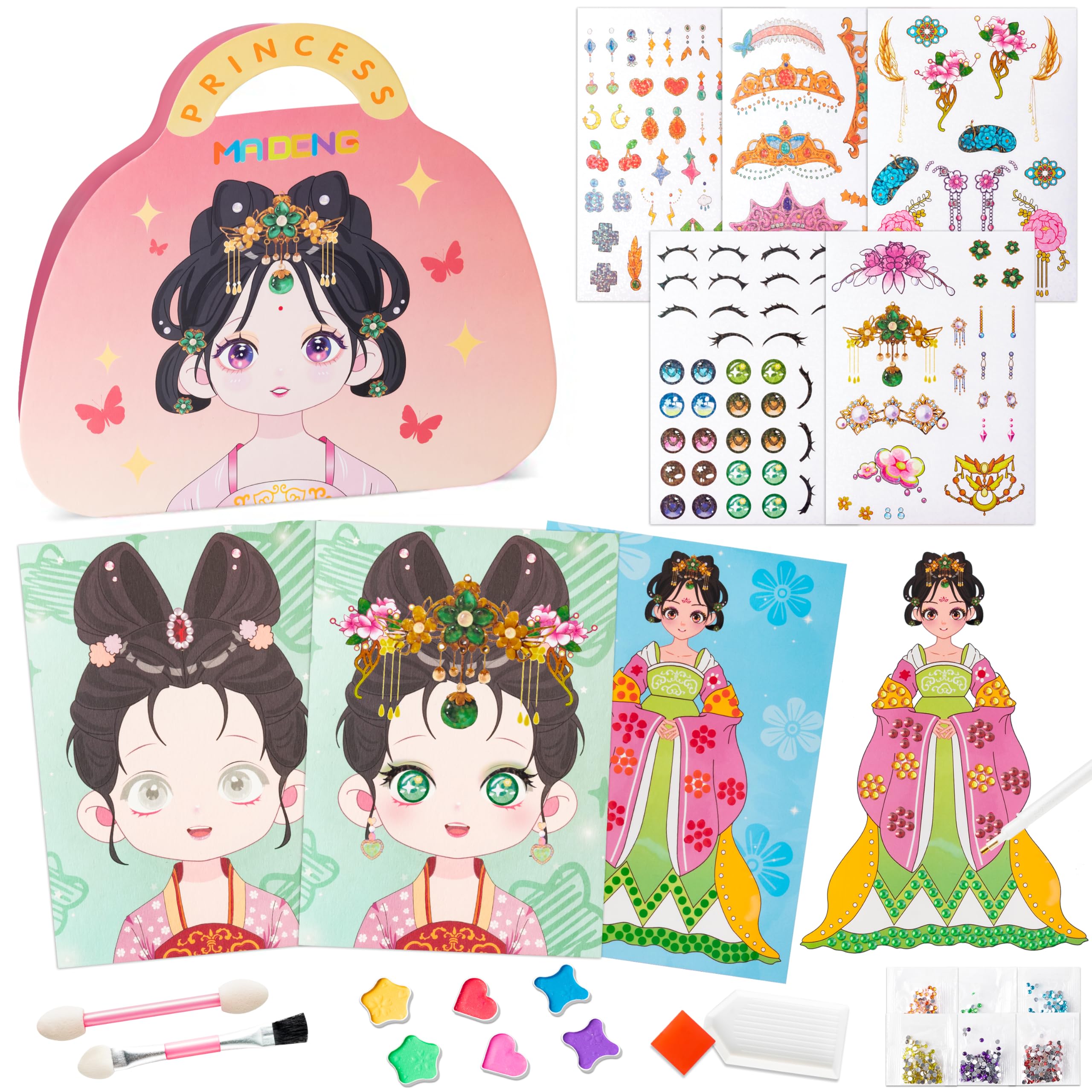 GwaOery Princess Arts and Craft Kits for Kids, Princess Dress Up Set Diamond Art Set DIY Ancient Toys Kit Girls Birthday Presents Make Up Play on Paper DIY Creative Activity for Birthday Christmas
