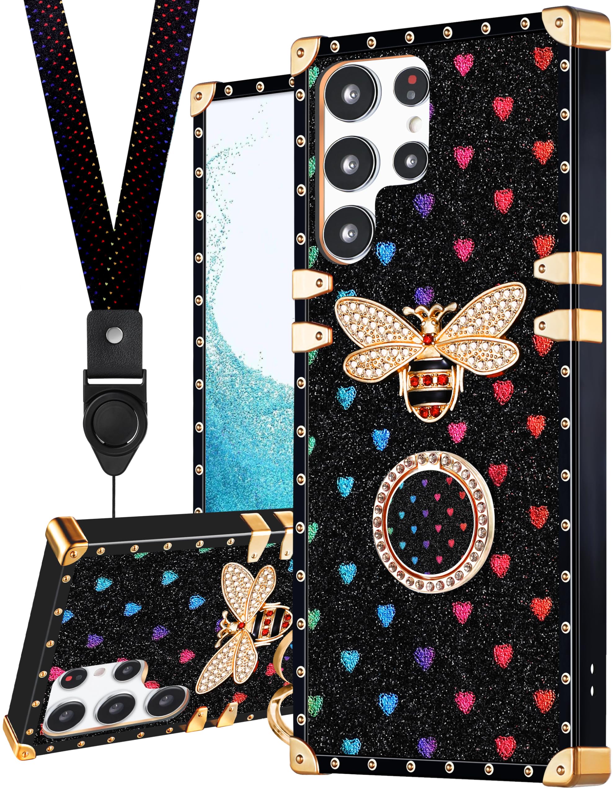 Loheckle for Samsung Galaxy S24 Ultra Case for Women Girls Teens Designer Cute Cases with Ring Stand Holder and Lanyard Stylish Aesthetics Bee Luxury Cover for S24 Ultra
