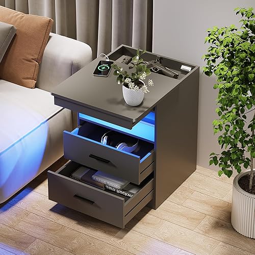 Miniatura 9 de Mesita de noche con cajón para armas, mesa de noche con puerto USB y tipo C, mesita de noche LED con diseño de sensor humano, mesa auxiliar moderna