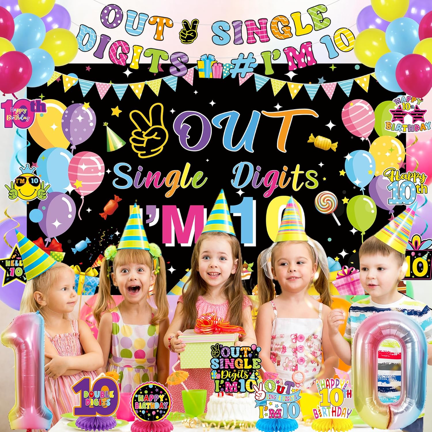 Holkcog 10th Birthday Decorations Colourful Peace Out Single Digits Tenth Birthday Party Backdrop 10 Years Old Happy Birthday Decorations for Girl Boy 10th Birthday Cake Topper Balloon Party Supply
