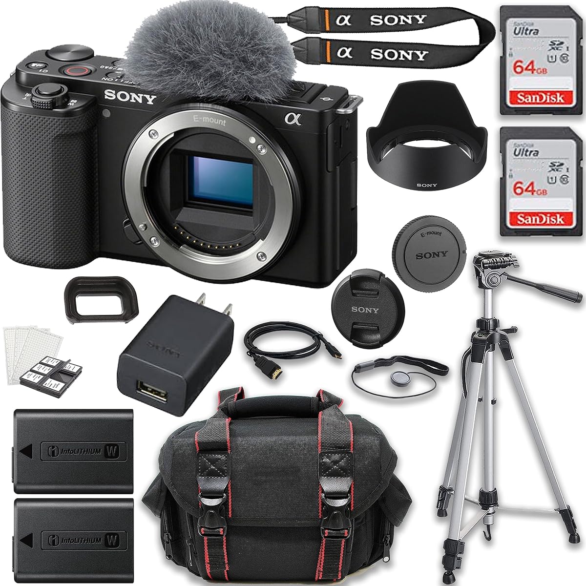 Cámara sin espejo Sony ZV-E10 (solo cuerpo) + 2 memorias de 64 GB + estuche + trípode y más (paquete de 20 piezas) (renovado)