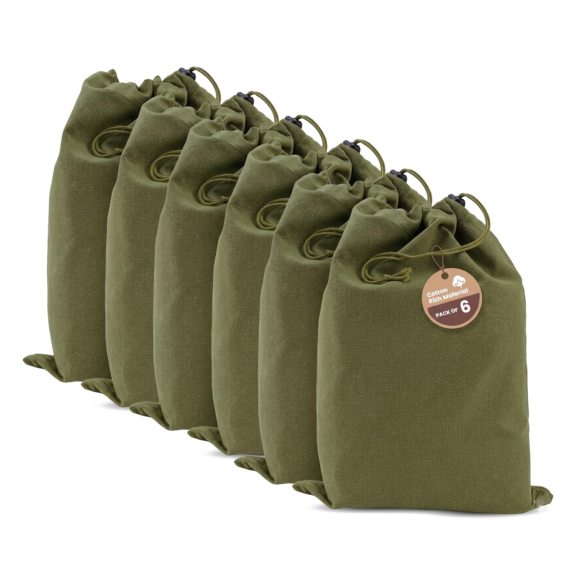 LFH Cotton Rich Shoe Storage Bags with Drawstring, Breathable Dustproof Reusable Shoe Organizer for Travel, Gym, Dorm, Hotel, Machine Washable Easy Carry 12"x17" (Pack of 6), Military Green