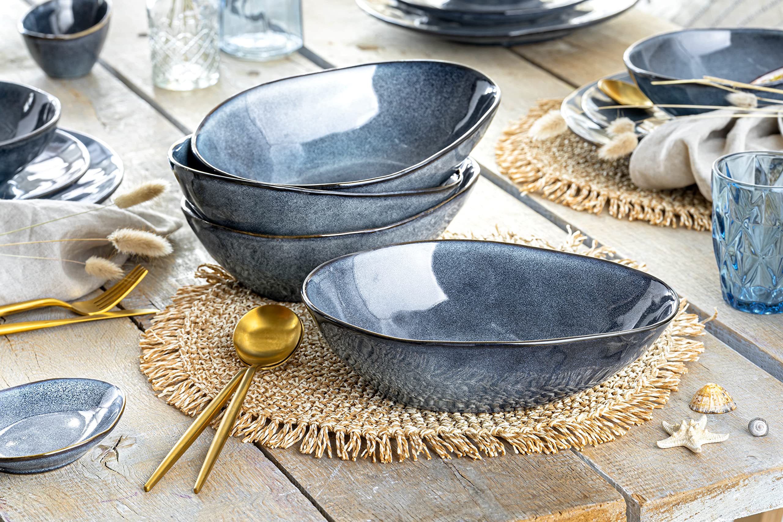 SÄNGER | Platos de pasta Darwin 4 piezas, platos de espaguetis para 4 personas, juego de vajilla de gres para pasta, platos de pasta aptos para lavavajillas, platos de gres para platos de pasta, azul | Vajilla para pasta, plato de pasta apto para lavavaji