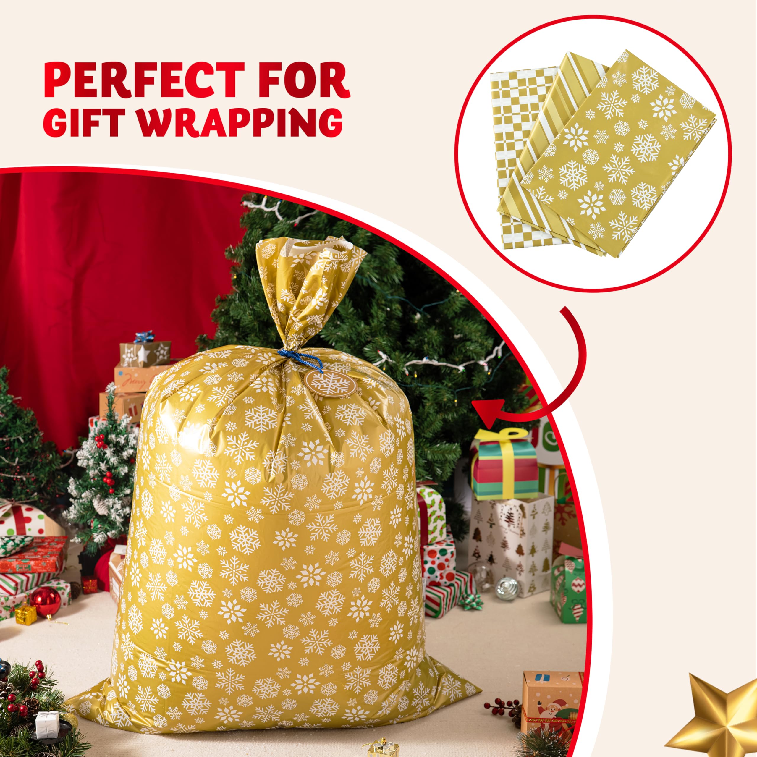 3 Stück Übergroße Gold Plastikgeschenktüten für Weihnachten mit Geschenkanhängern, Große Geschenktüten für Weihnachten 142cm x 91cm, Party Favors Supplies, Geschenkverpackungen