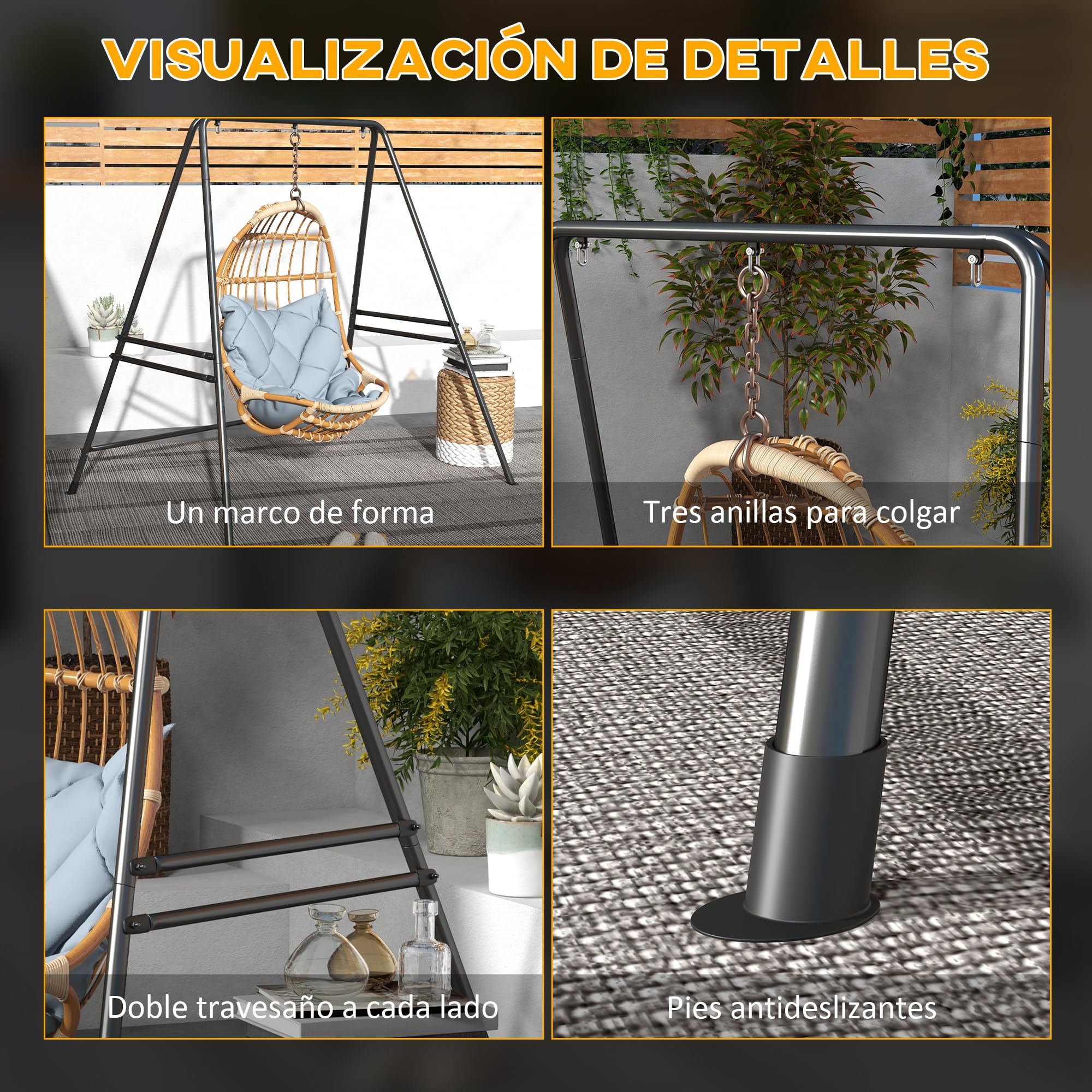Outsunny Soporte para Silla Colgante Sostén para Columpio con Marco de Acero Carga 150 kg para Patio Terraza Balcón Jardín Negro