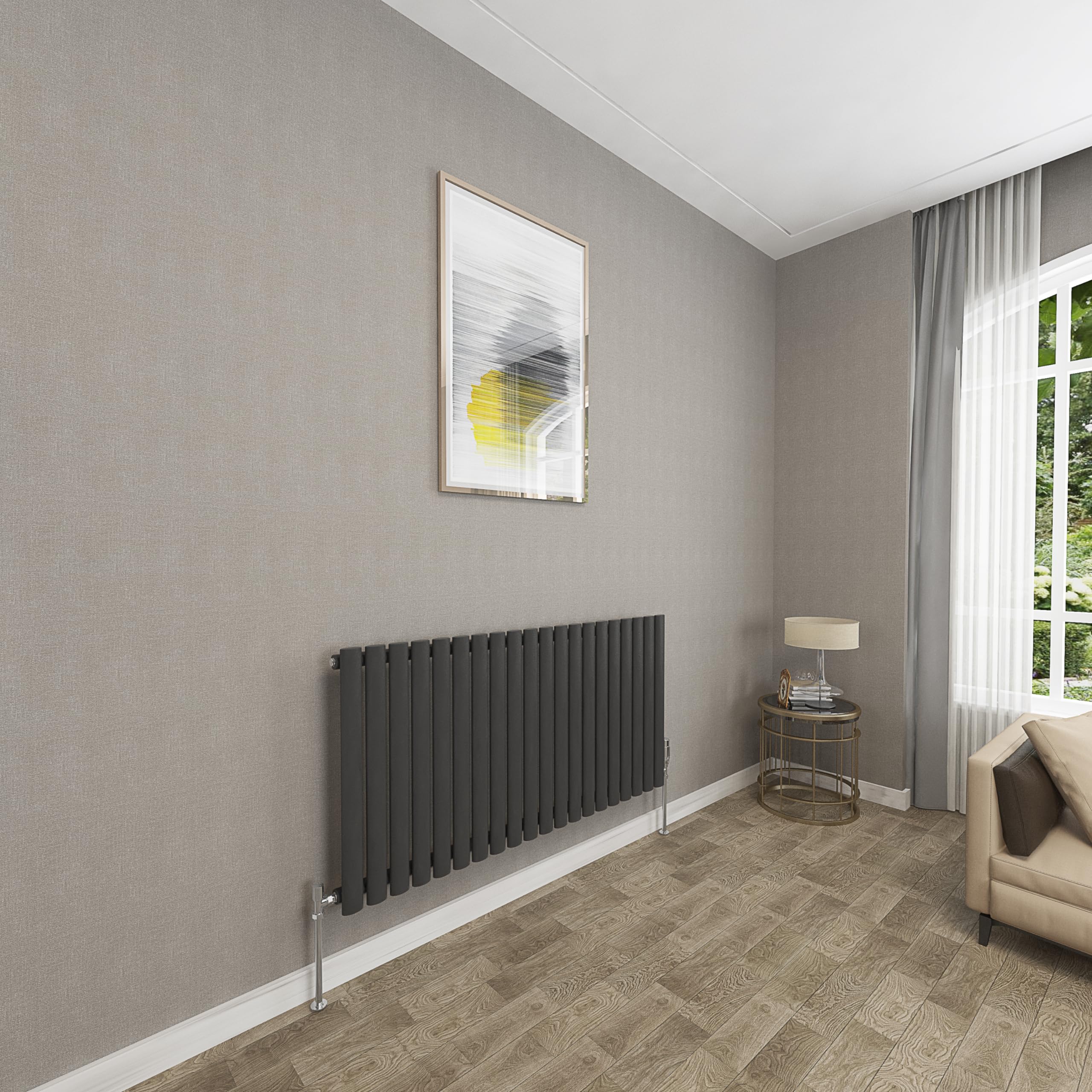 Sky bathroom | 600x1180mm - Modern Black Horizontal Single Panel Oval Column Radiator Central Heating Designer Radiator