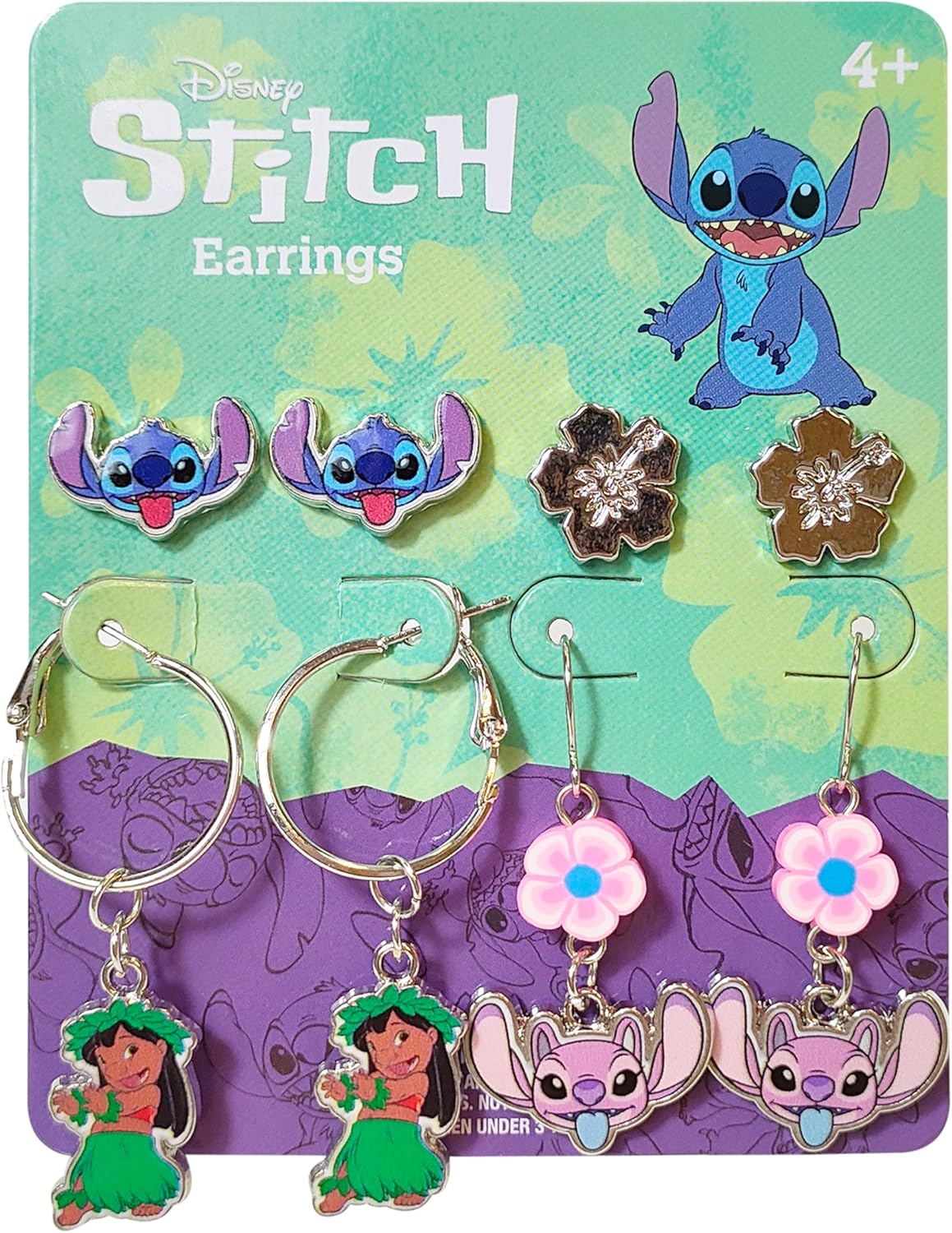 Stitch Hypoallergenic Earrings for Girls, Stud & Fishhook Drop Sets with Charms, One Size Fits All, Stitch Jewelry, Disney Accessories, Ages 4+