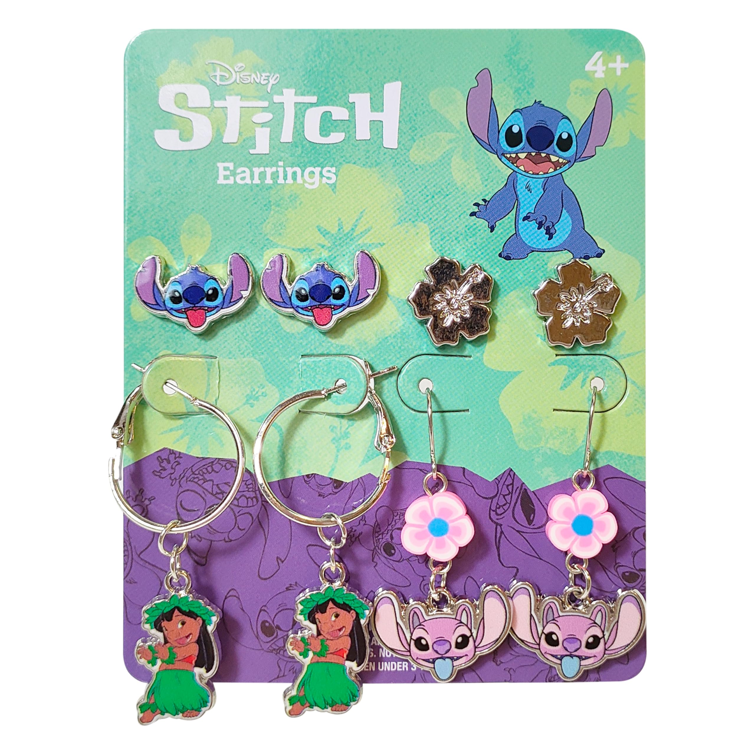 Stitch Hypoallergenic Earrings for Girls, Stud & Fishhook Drop Sets with Charms, One Size Fits All, Stitch Jewelry, Disney Accessories, Ages 4+