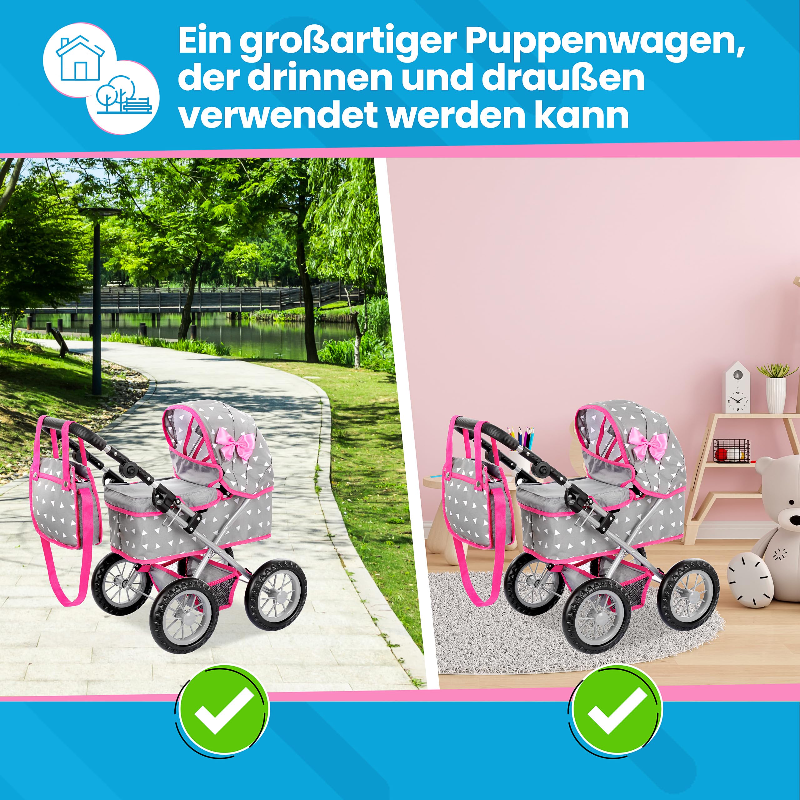 Kinderplay Puppenwagen mit großer Wanne – Höhenverstellbarer Griff 33–63 cm – Für Puppen bis 41 cm – Leichter Puppenbuggy für Kinder ab 3 Jahren – Leise Schaumräder