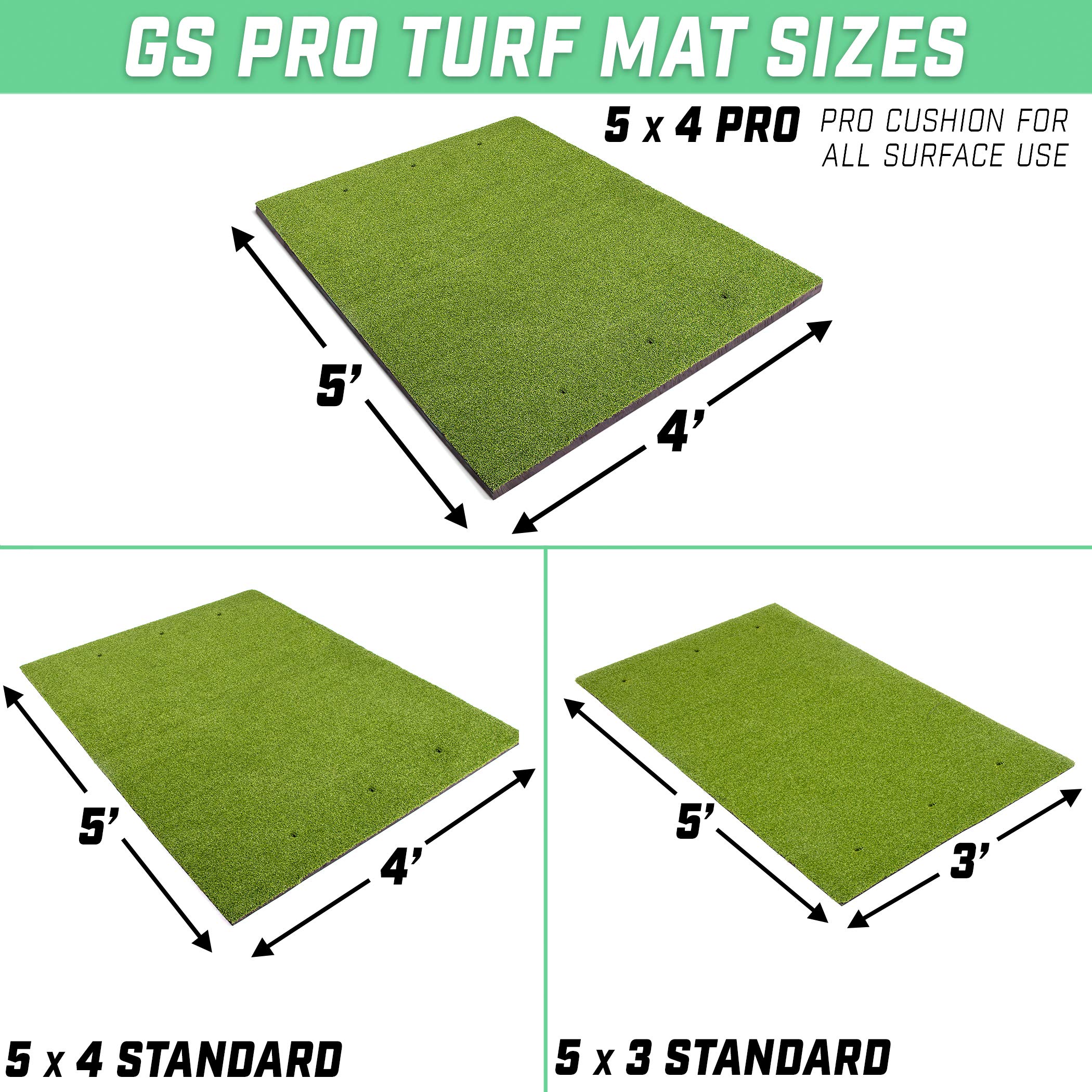 GoSports Golf Hitting Mat - PRO 5x4 Artificial Turf Mat for Indoor/Outdoor Practice - Includes 3 Rubber Tees, Green