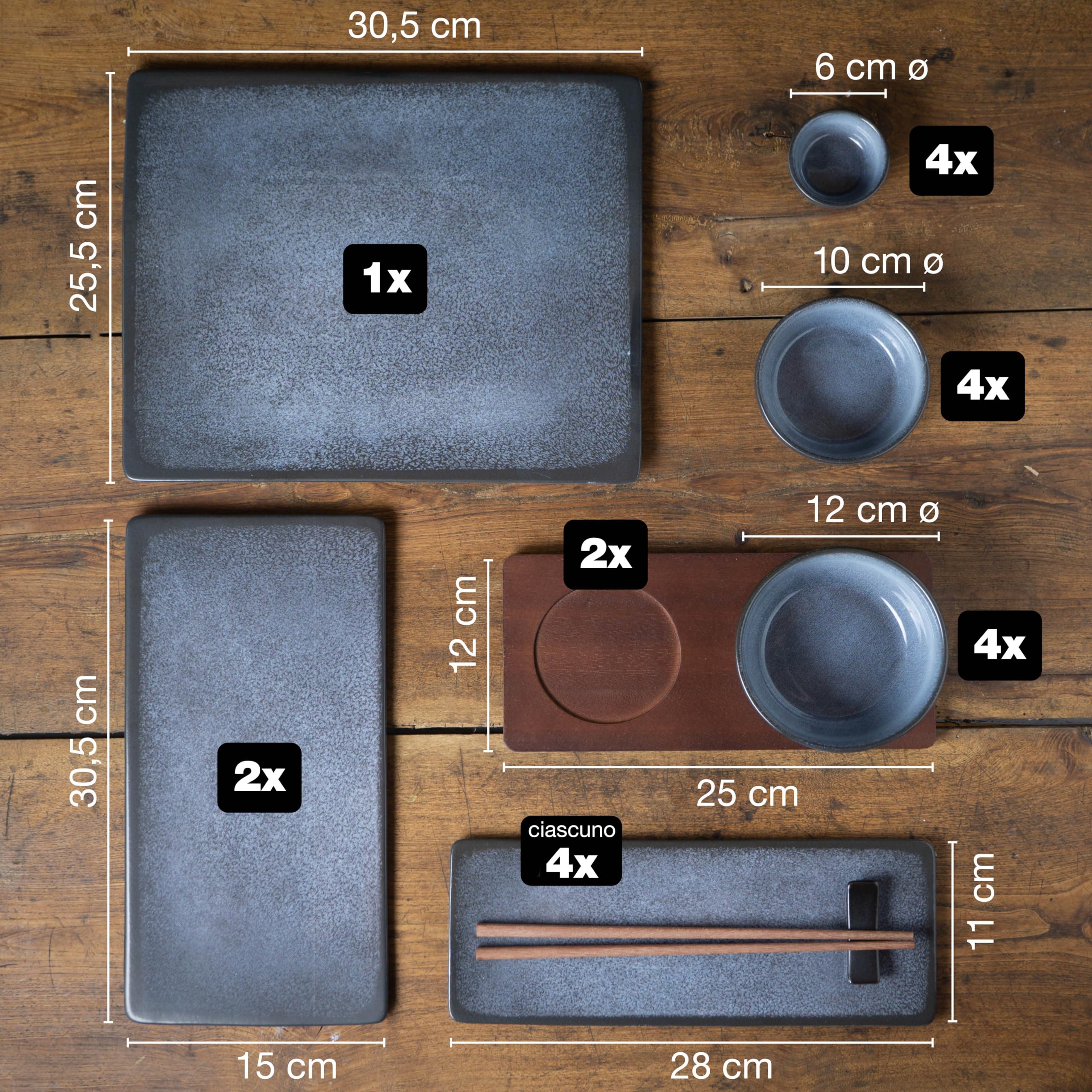 Moritz & Moritz Set di stoviglie per sushi per 4 persone - 29 pezzi - Set per servire il sushi con 3 piatti per sushi - 4x piatti per sushi, ciotola per miso, ciotoline e bacchette