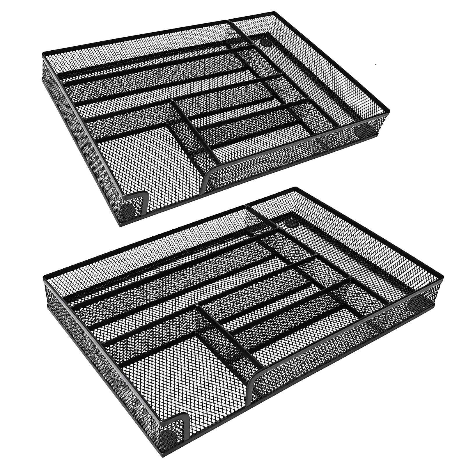 WenkeDigi 2-Pack Metal Mesh Desk Drawer Organizer Tray Set, 6-Compartment Office Drawer Organizer for Pens Supplies, 12.6"x8.27"x1.57" Black