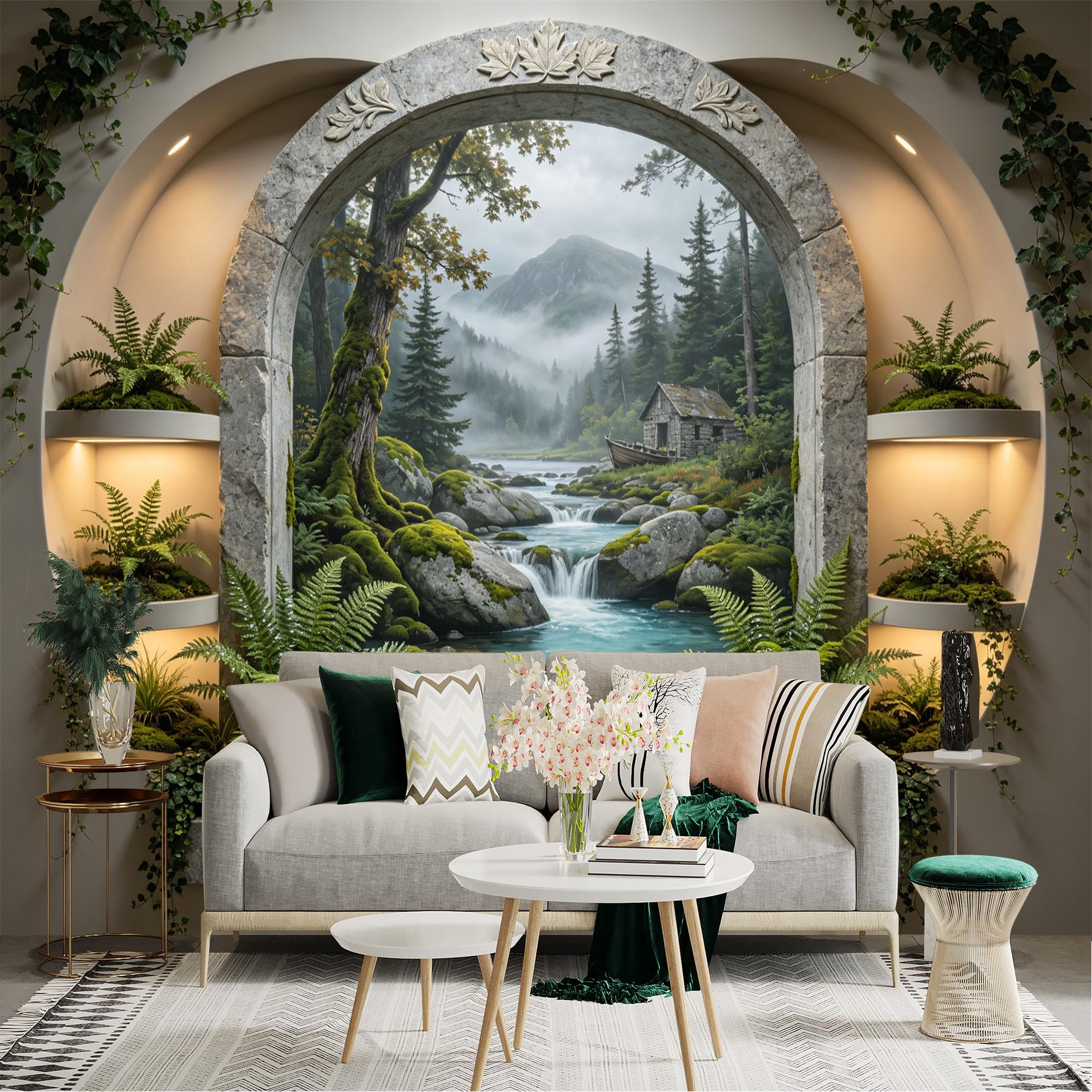 Custom Size Wall Sticker Mural， Mountain Cabin by River， Forest Landscape and Misty Valley， for wall Decoration， peelandstick wall Decals.
