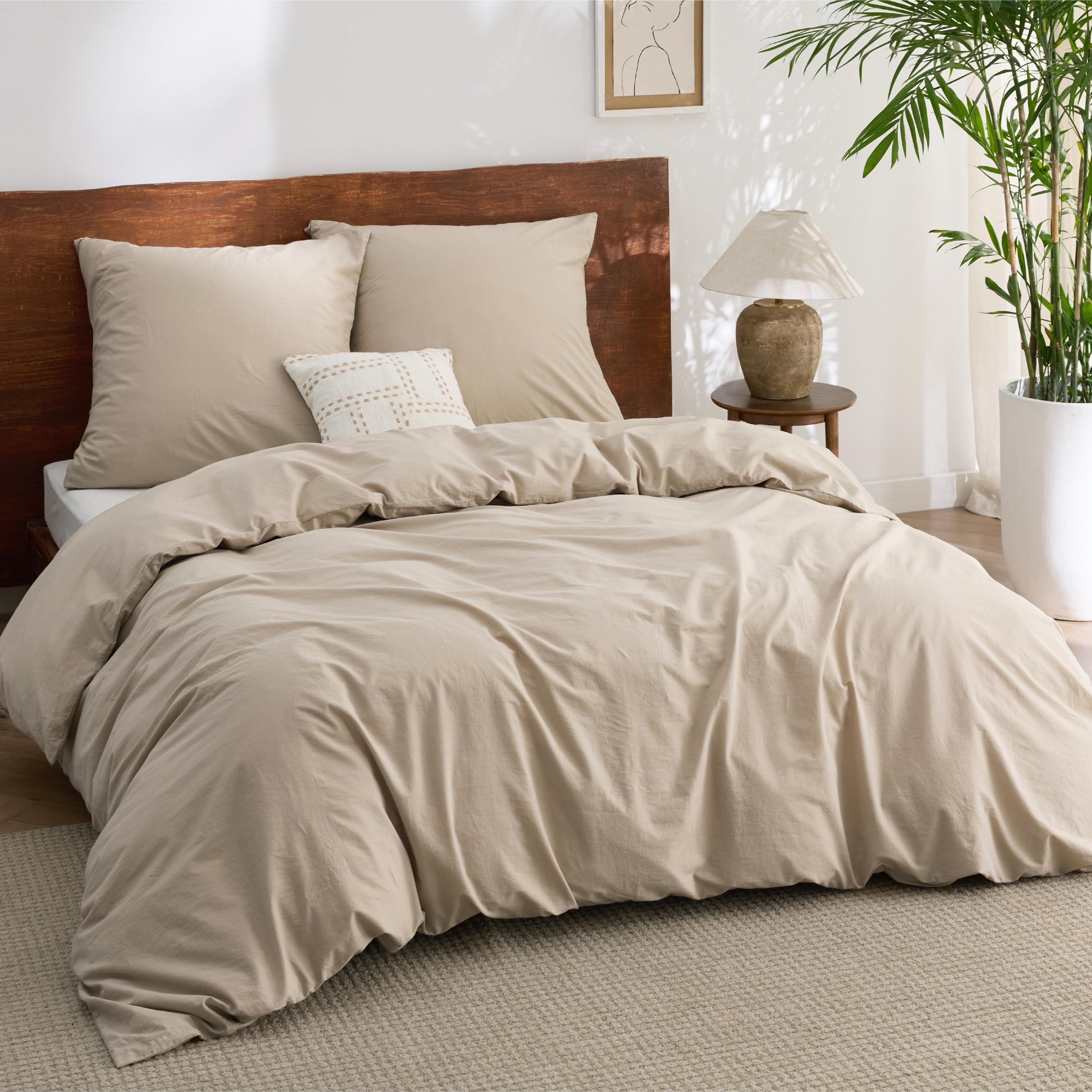 BEDSURE Bed Linen 155 x 220 cm Cotton 3-Piece Bed Linen Sets Hazel Taupe Duvet Cover with 2 Pillowcases 80 x 80 cm, Similar Texture to Washed Linen, Oeko-Tex Bedding Brown with Zip-image-2