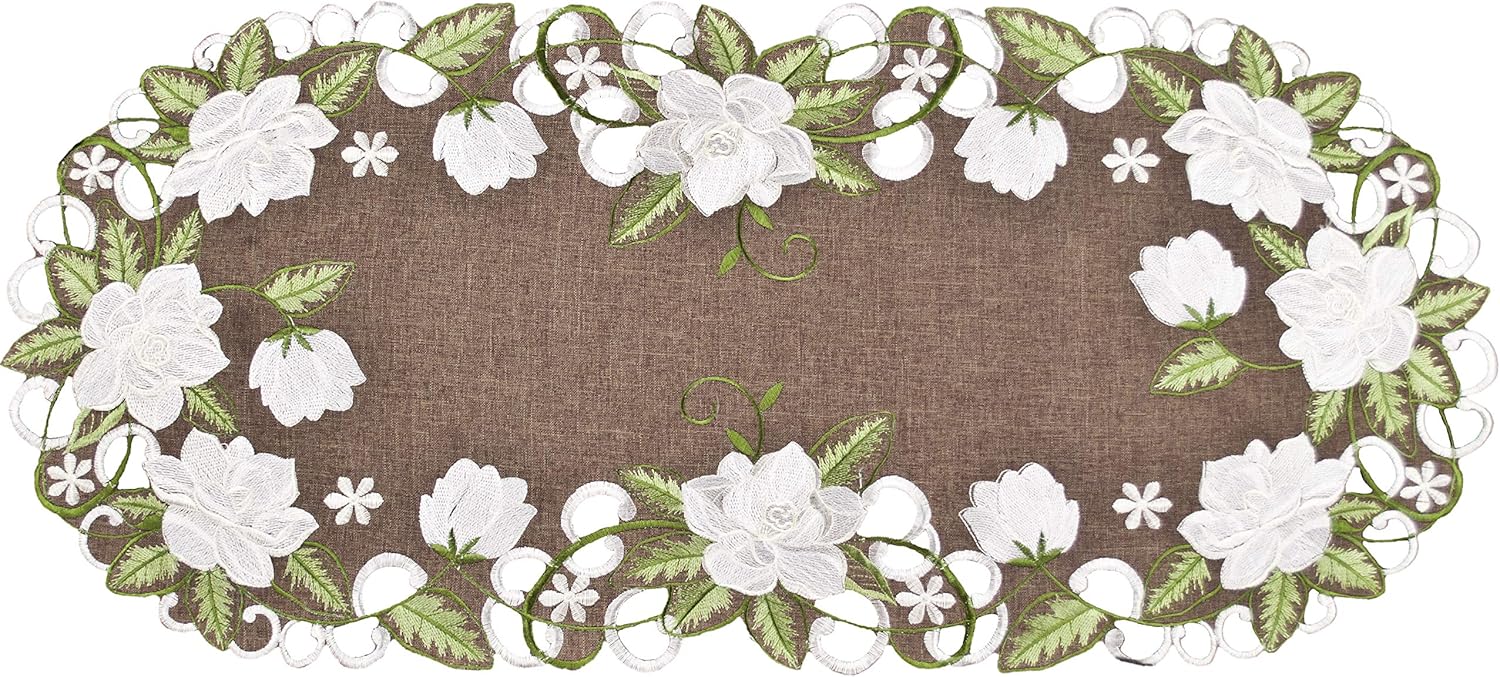 Beautiful White Magnolia Floral Design and Green Leaves Embroidered Cutwork Edges on Brown Polyester Linen Table Runner, Table Centerpiece, Dresser Scarf (14Wx34L)