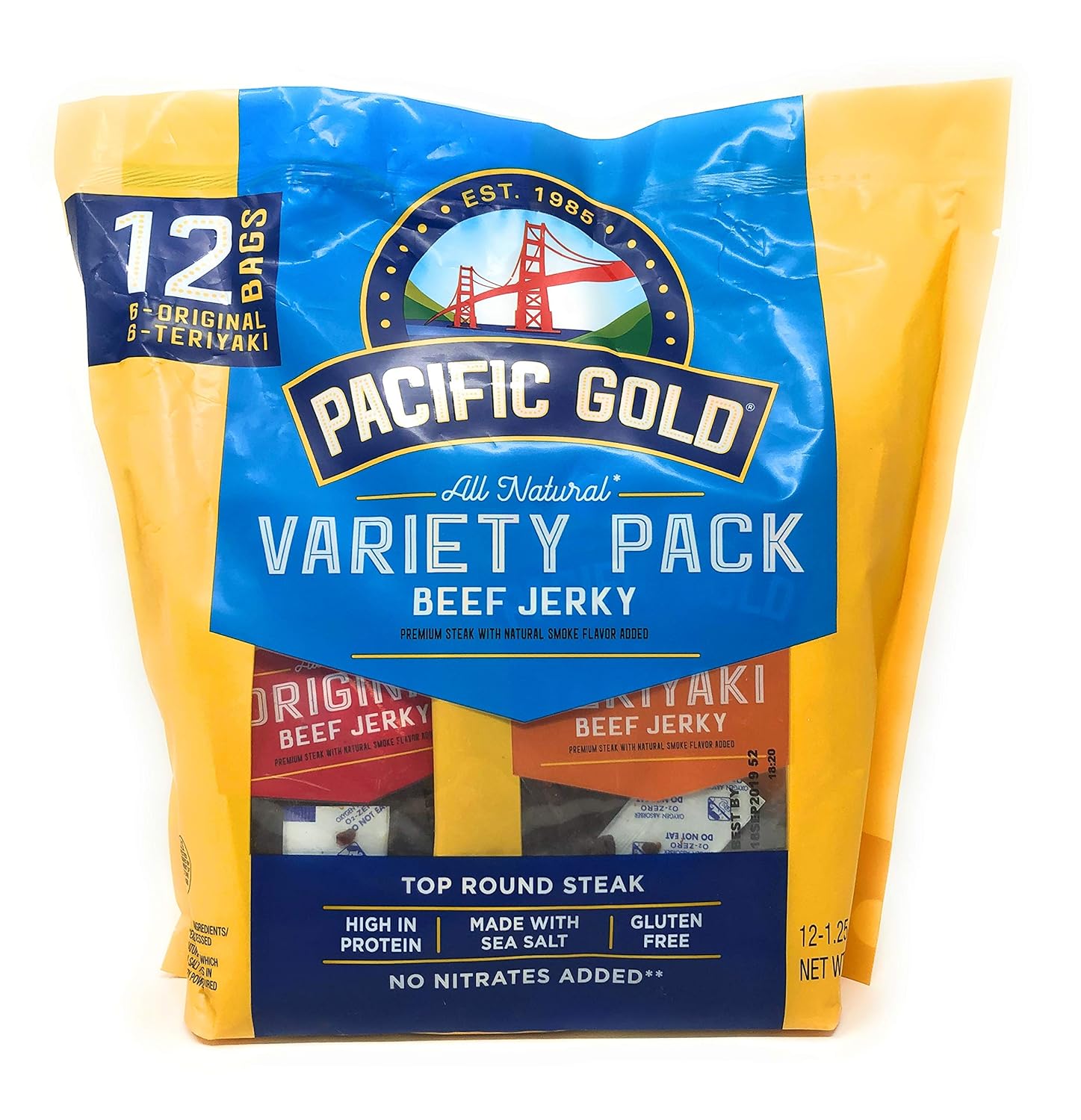 Pacific Gold Beef Jerky Original & Teriyaki Variety Pack - 24 Count Bulk (2 Bags of 12) Premium Snack