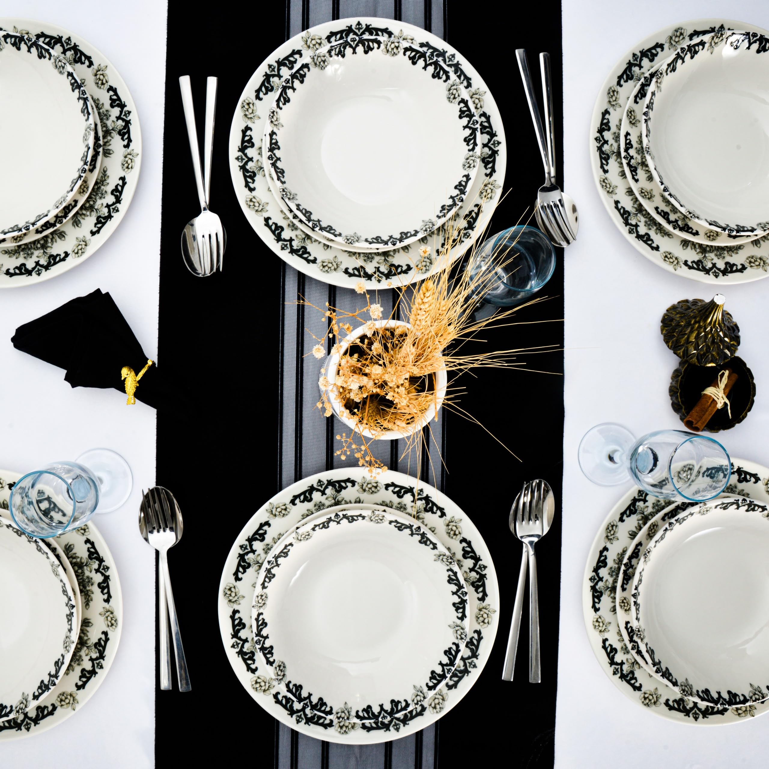 Set piatti ROSE BLACK | 18 pezzi floreali porcellana moderna per cene eleganti