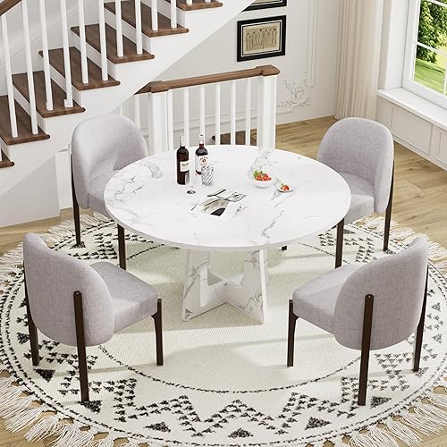 Miniatura 13 de Juego de mesa de comedor redonda de 7 piezas para 6, mesa de comedor de nogal de 47 pulgadas con base de pedestal doble + sillas de comedor