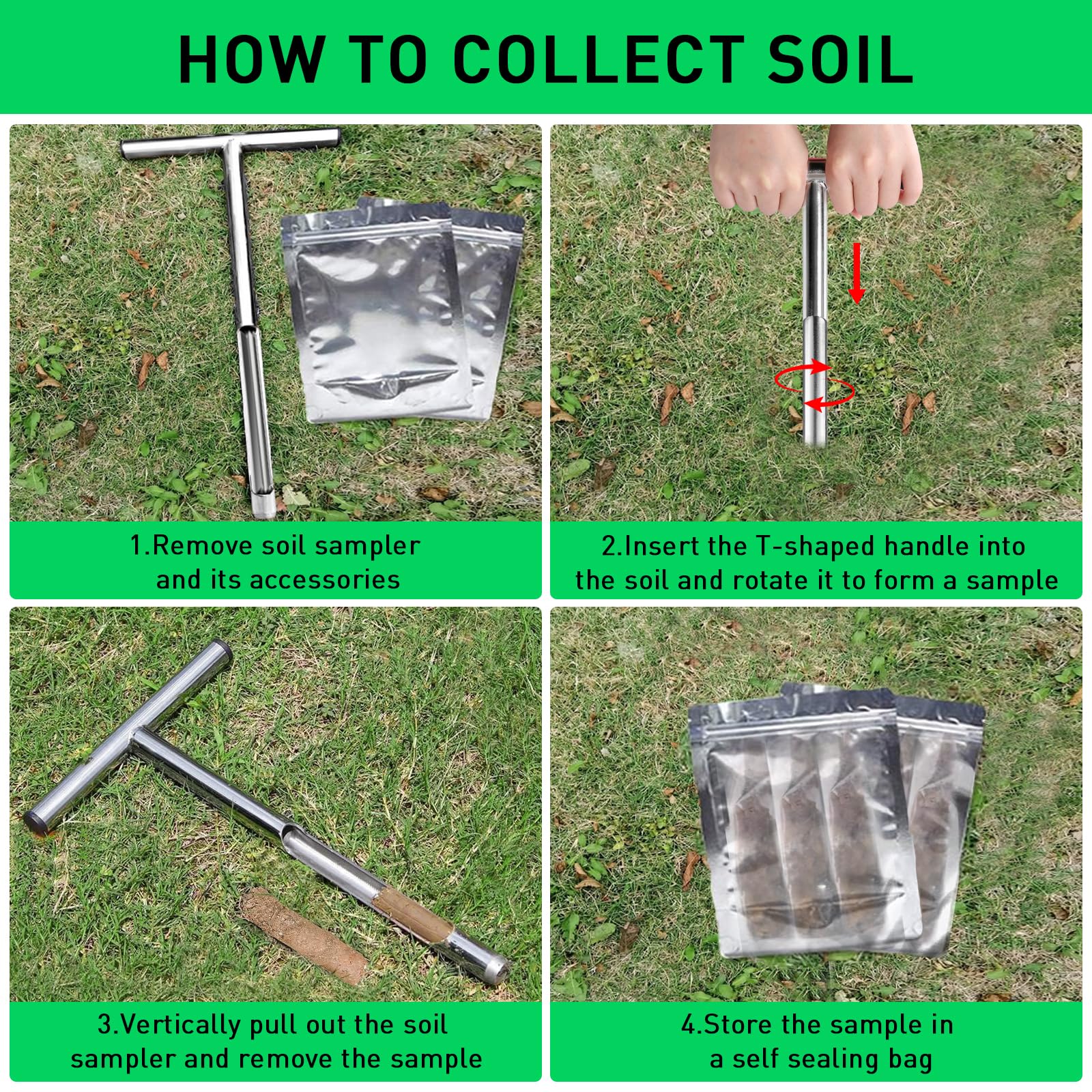 Sonda suelo 30 cm acero inoxidable 2.5 mm - Muestreador en T con 2 bolsas reutilizables para jardín, granja, césped