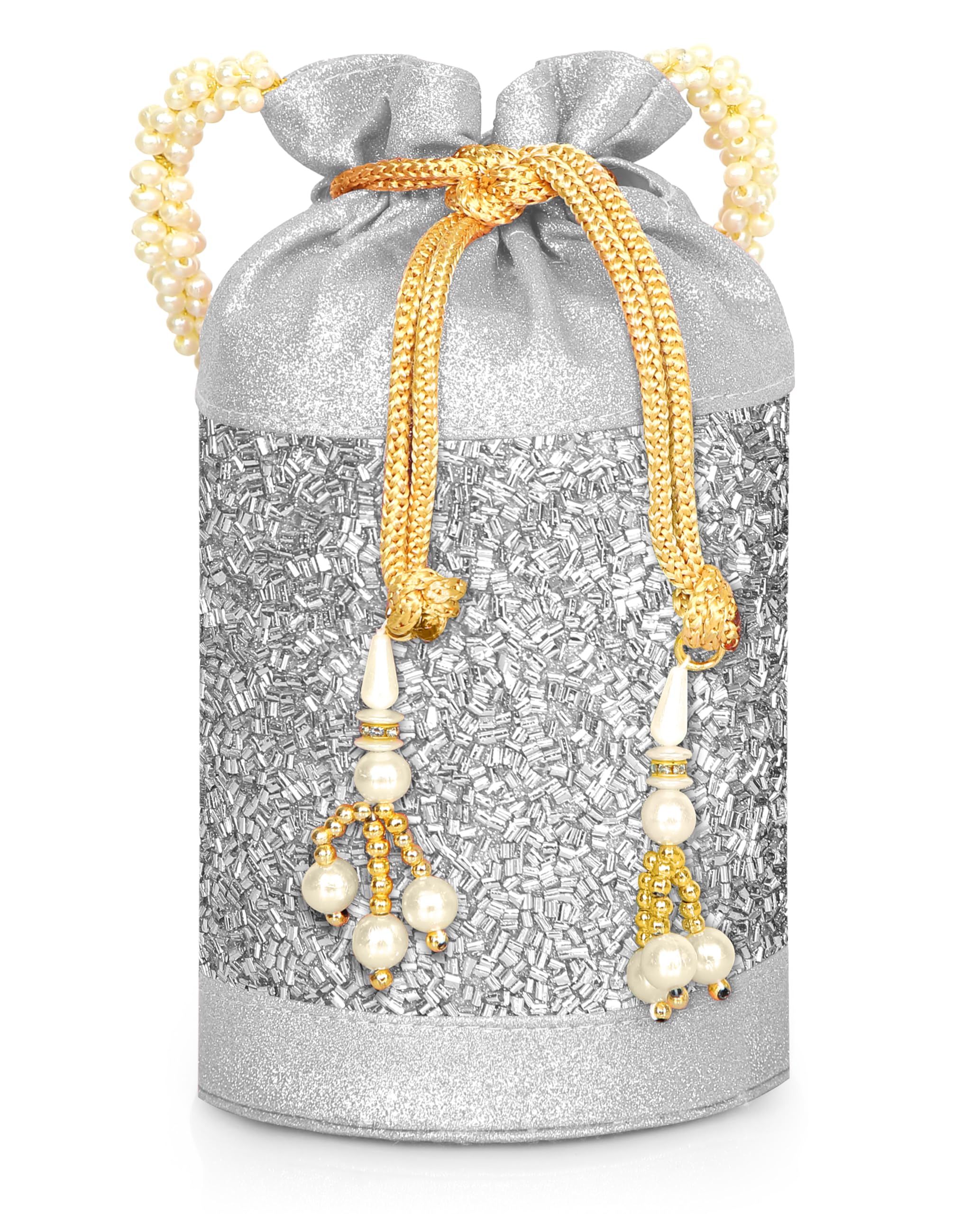 MISHA Gilded Grace Potli Bag for Women – Designer Beaded Potli with Pearl Handle (SILVER)