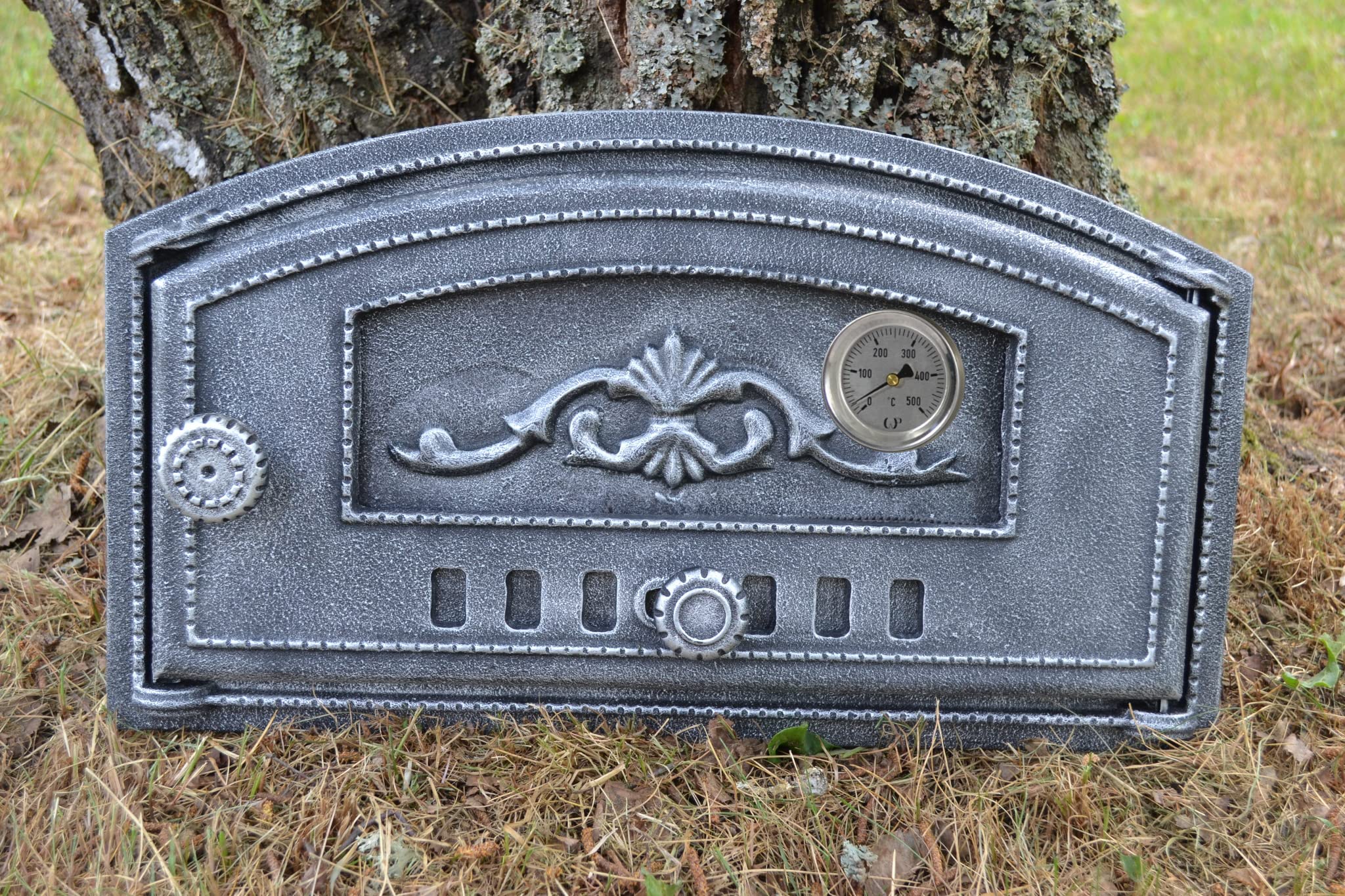 SEZAM cast iron oven door with thermometer 500 °C, opening to the right, pizza oven door - bread oven - stone oven door, 48.2 x 6.5 x 27.5 cm - semi-circular, antique silver-colored painting