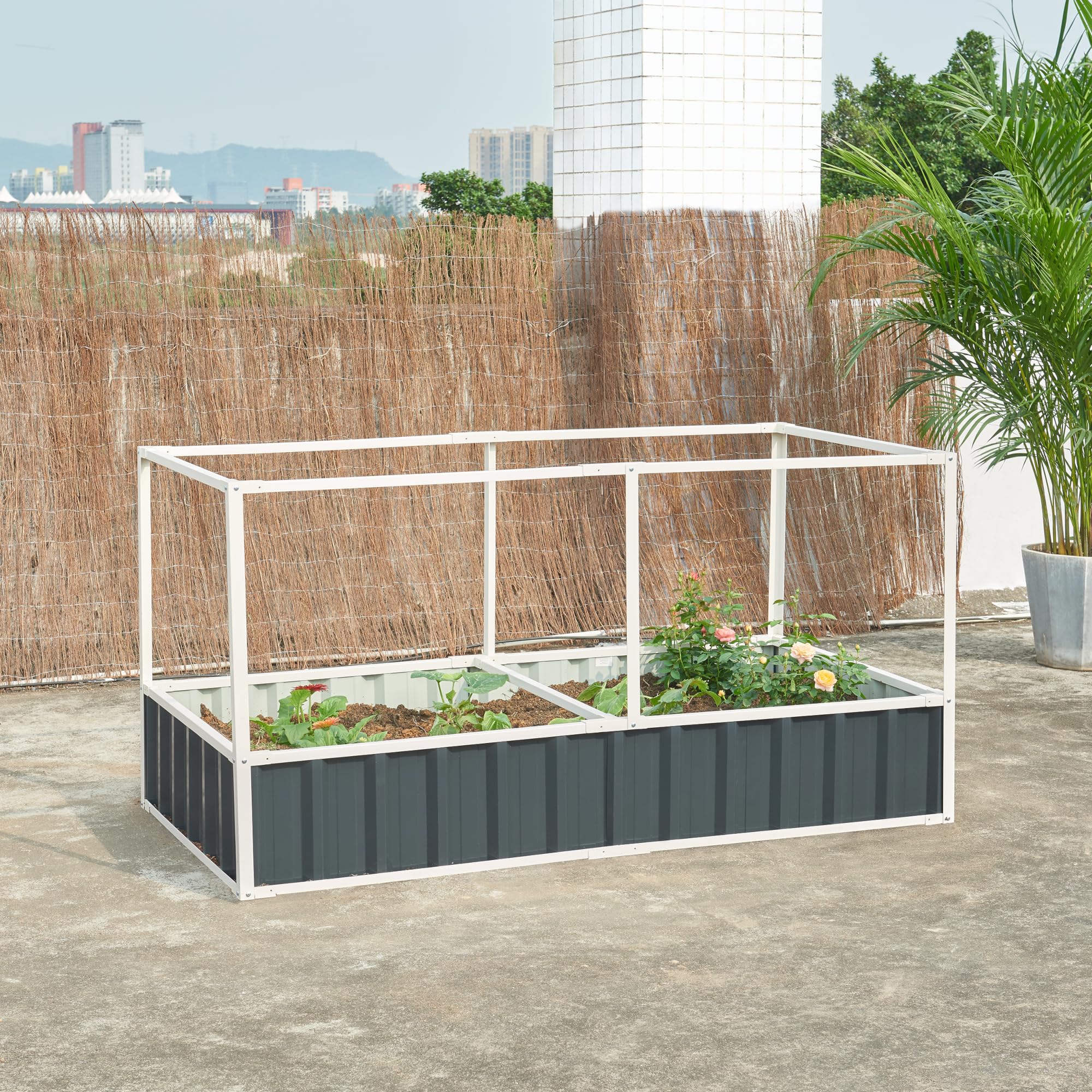 [en.casa] Hochbeet Alblasserdam Blumenbeet mit Abdeckung 174 x 90 x 88 cm Gartenbeet mit Netz Handschuhe Gewächshaus für Garten Metall Kräuterbeet Anthrazit