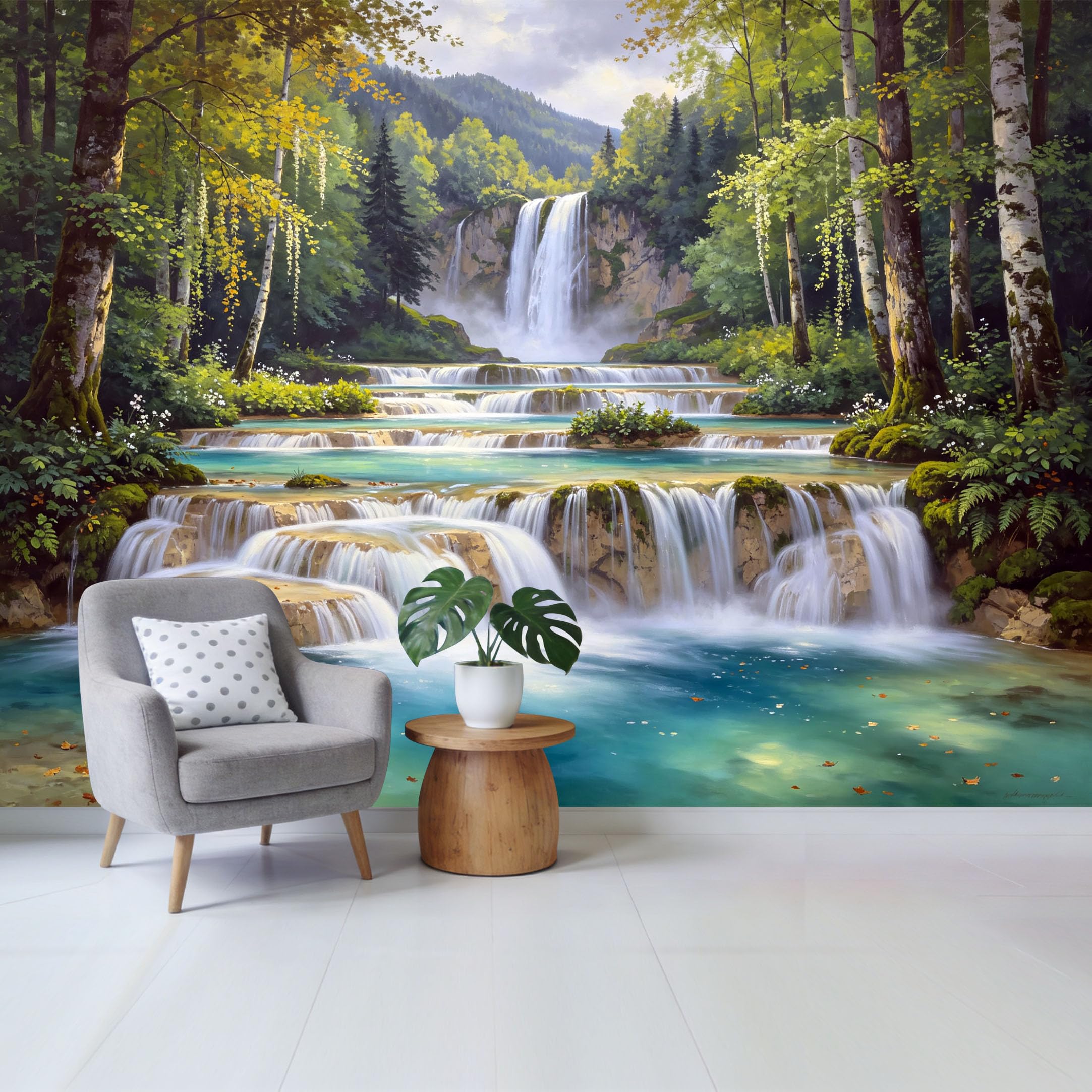 Custom Size Wall Mural Serene Forest Waterfall Landscape with Flowing River and Green Trees Removable Self Adhesive Fabric Home Wall Decor for Living Room Bedroom Bathroom