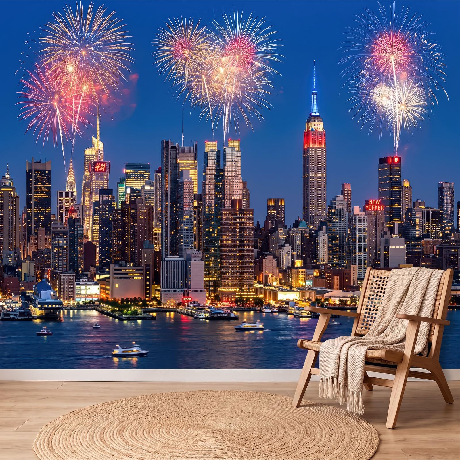 Papel pintado no tejido Ciudad Arquitectura Azul Moderno Empire State Building Fuegos de Artífice, decoración de pared, póster panorámico, fotográfico, papel pintado para dormitorio salón infantil