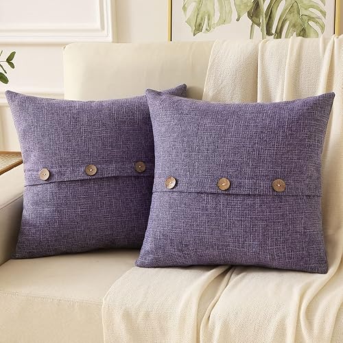 HAUSSY Juego de 2 fundas de almohada decorativas de lino lavanda de 20 x 20 pulgadas, fundas de cojín cuadradas con 3 botones vintage, decoración