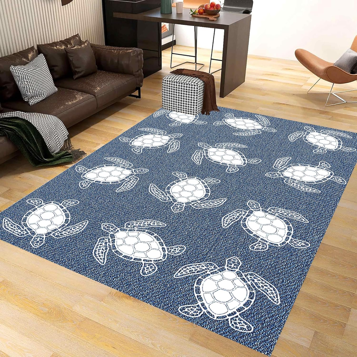 Navy Sea Turtle Area Rug, 5x7ft, Nautical Theme Turtles Coastal Rugs for Indoor, Marine Life Anti-Slip Floor Carpet, Cozy Pet Friendly Low Pile Carpets for Hallway Bath Room