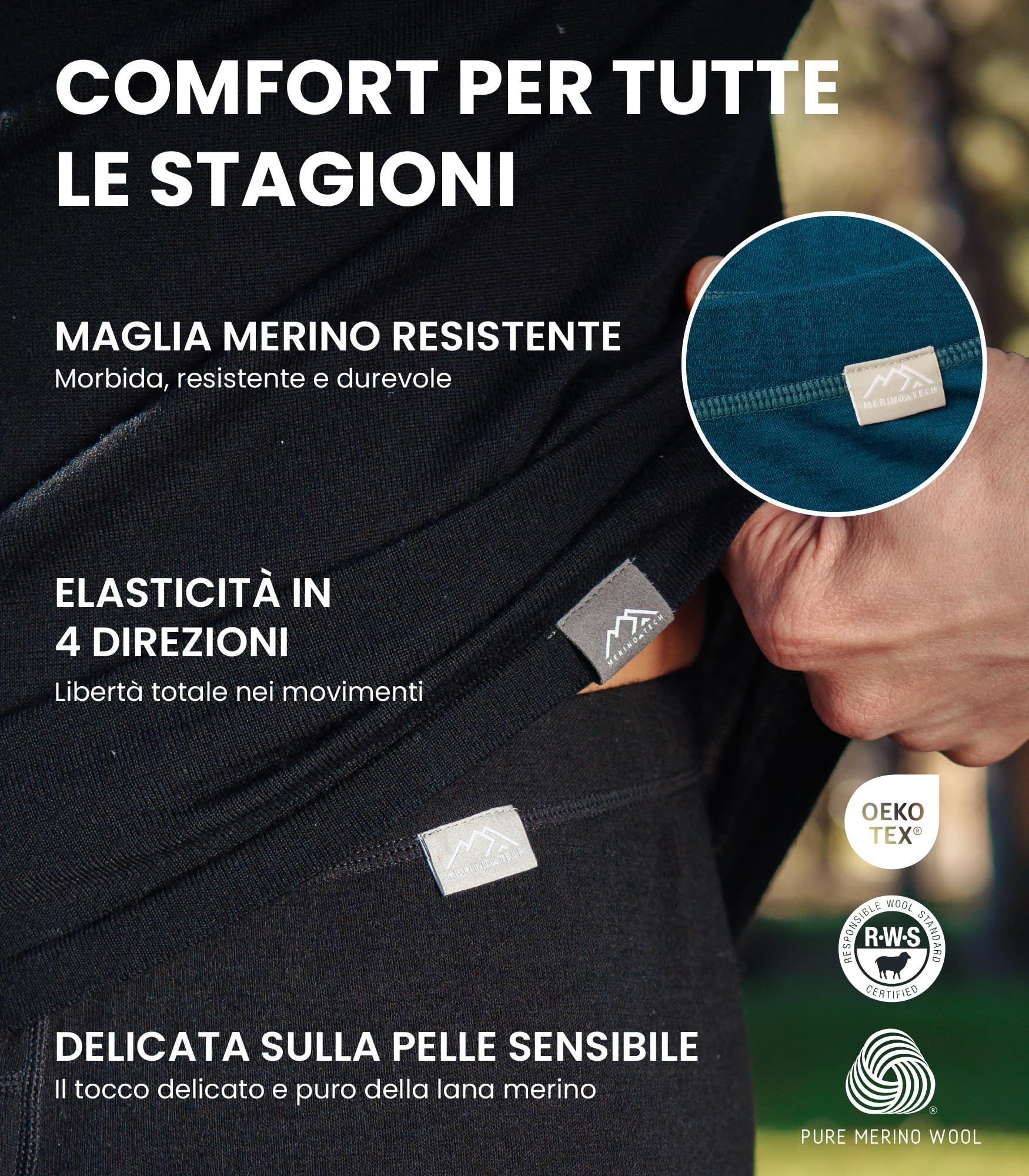 Merino.tech Pantaloni Termici Lana Merino Uomo - 100% Intimo Lana Merinos Uomo Leggero, Medio, Pesante con Calzini