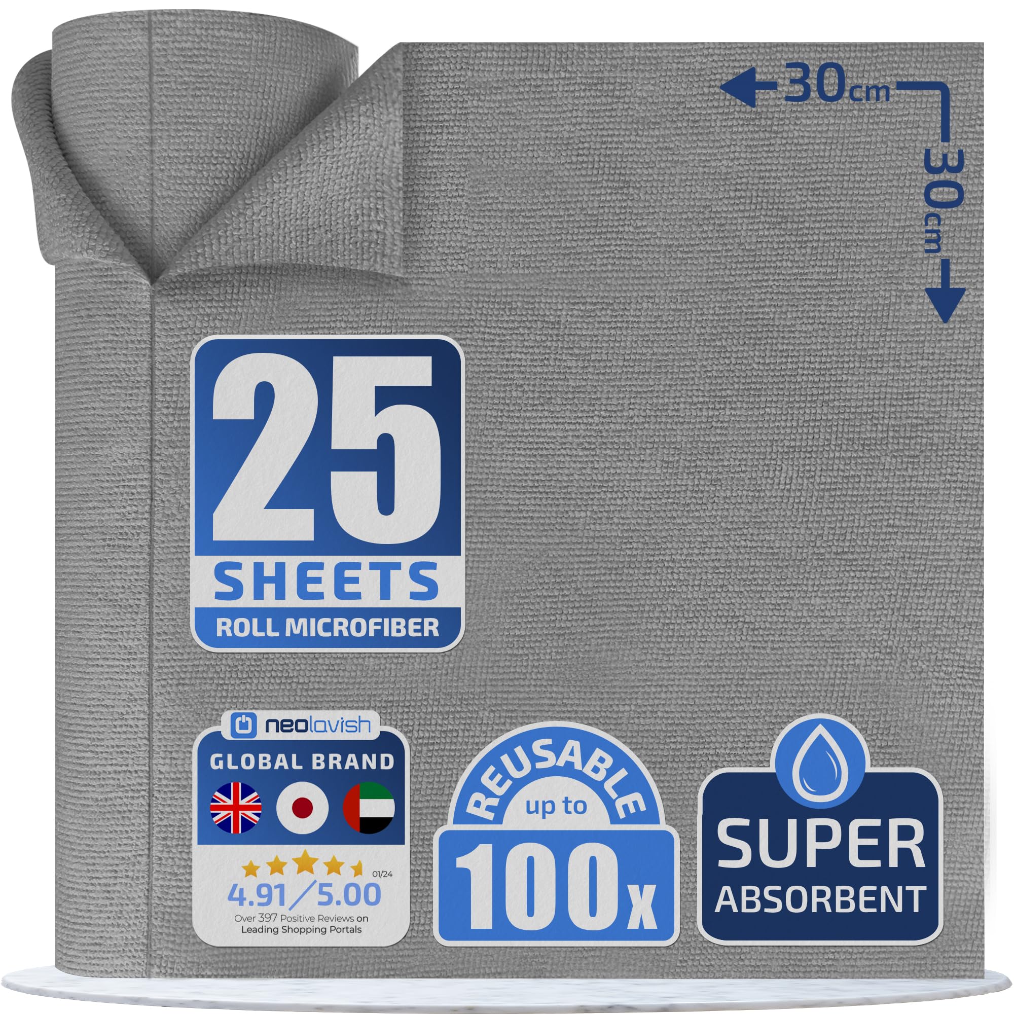 Neolavish® Microfiber Cleaning Cloth Roll – Reusable Kitchen Towel Alternative | 25 Tear-Away Sheets, 30x30cm, Grey