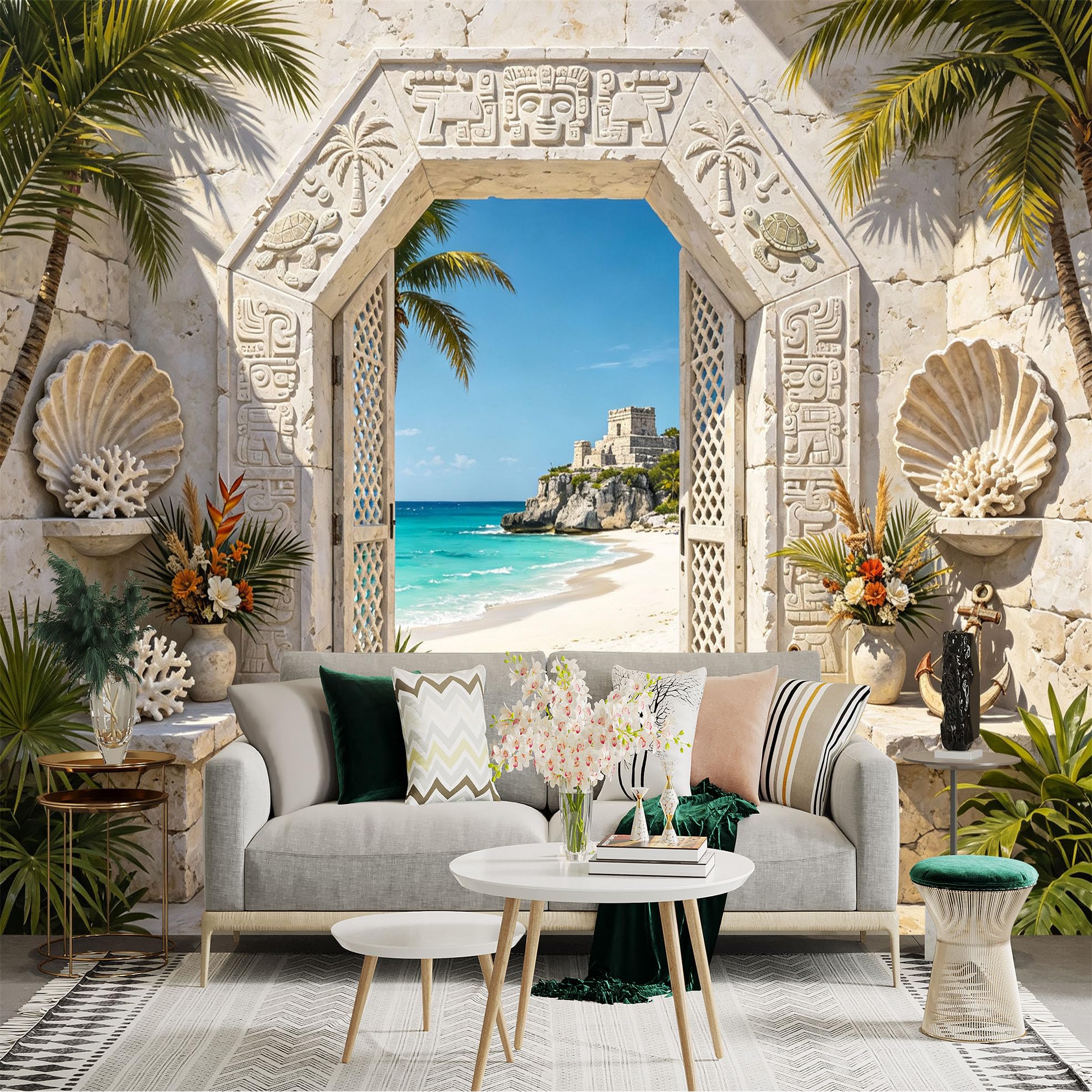 Custom Size Wall Sticker Mural， Tropical Beach Archway， Ocean View， Palm Trees and Coastal Ruins， for wall Decoration， peelandstick wall Decals.