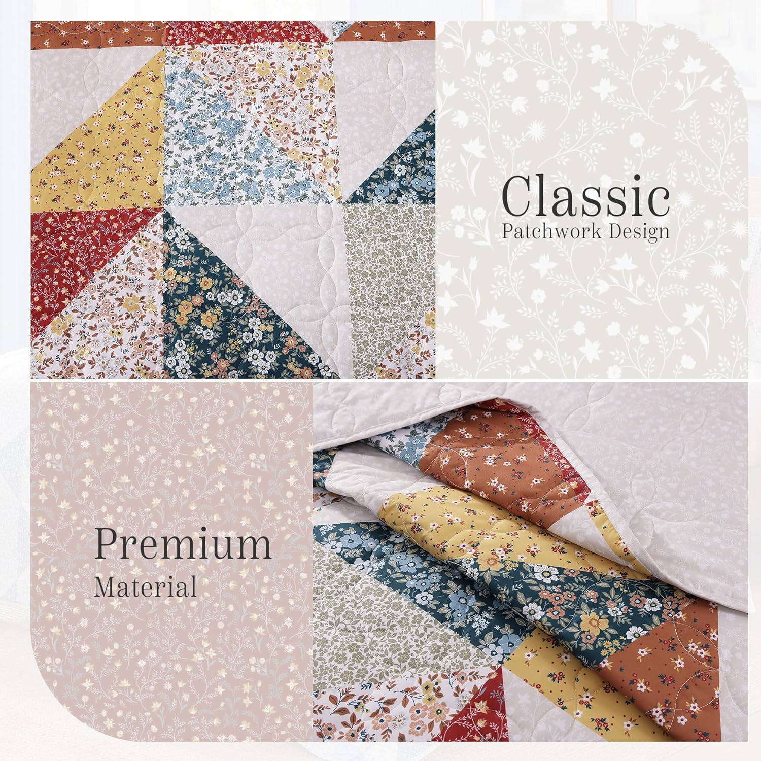 Quilt Set Queen Size, Patchwork Burnt Orange Floral Quilt Sets, Reversible Bedspread Lightweight and Breathable for All Seasons, Soft Quilted Bedspread with 2 Pillow Shams - Image 6