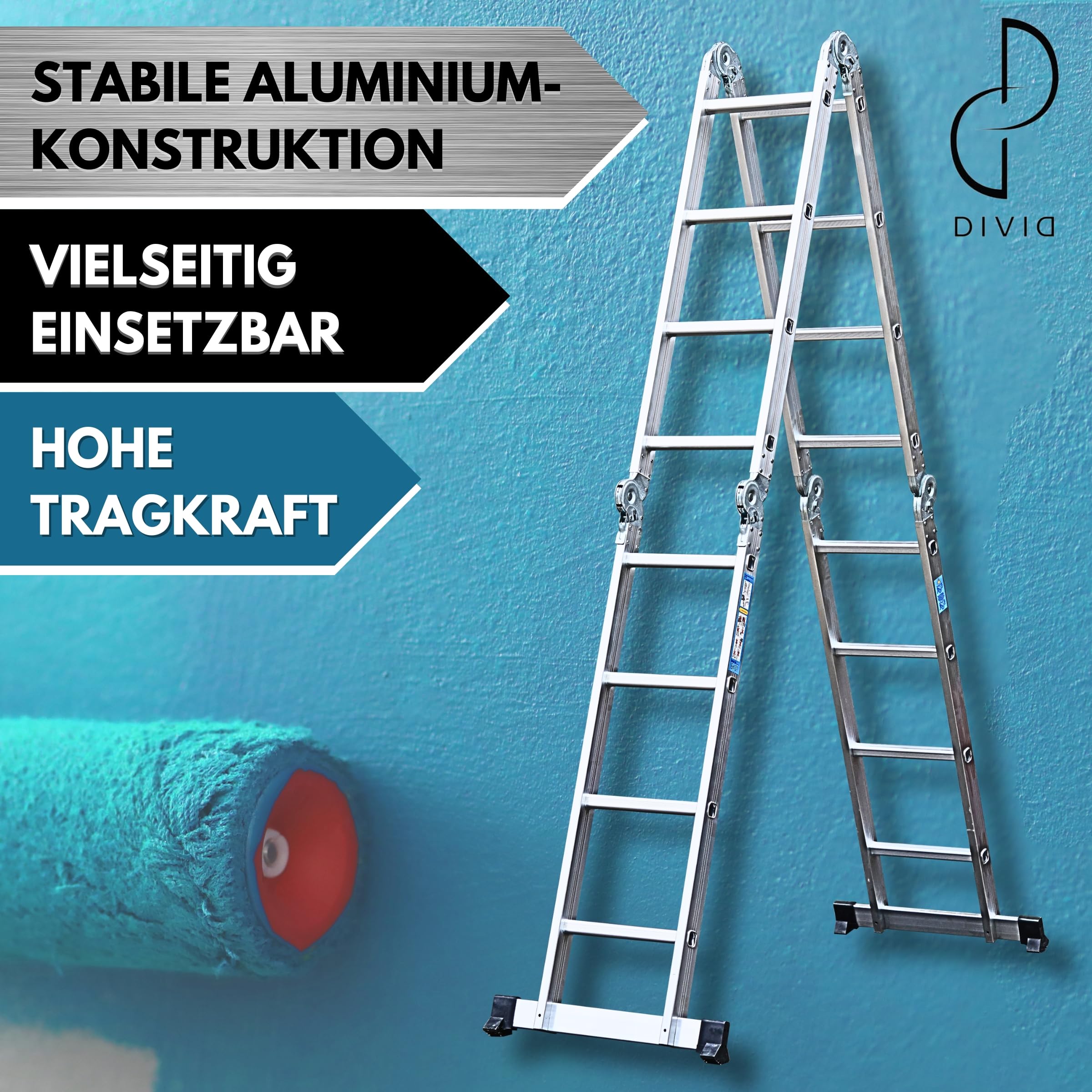 DIVID® Multifunktionsleiter Aluminium 4x4 (4,70m) Klappbar, Klappleiter, Gelenkleiter, Stehleiter, Alumiumleiter bis 150Kg