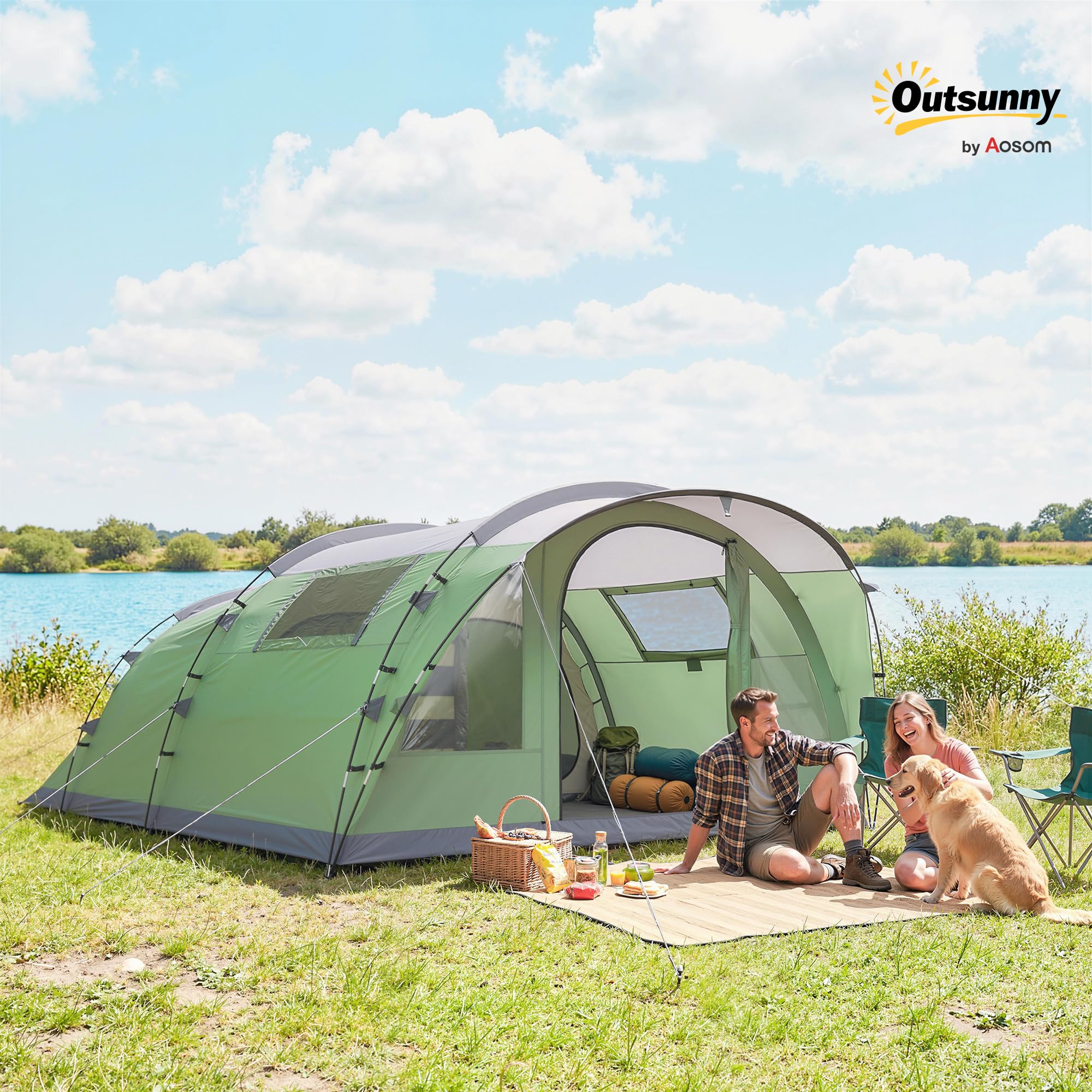 Outsunny Tenda Campeggio a Tunnel 5 Persone 196cm 2 Stanze Impermeabile 3000mm Verde Chiaro
