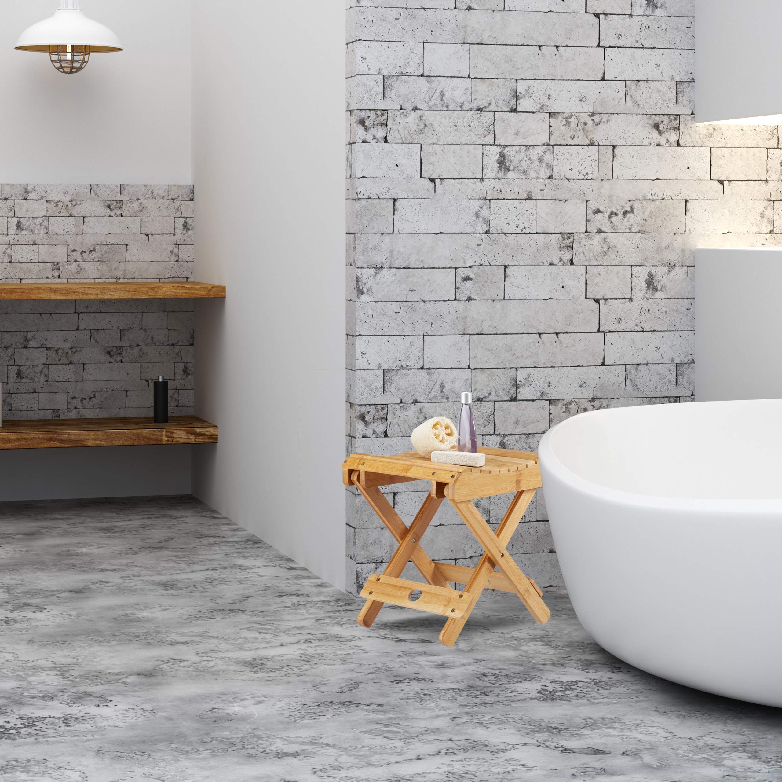 Relaxdays Sgabello Pieghevole, Accessori da Bagno in bambù, Resistente all’umidità, Panca,HLP 31,5x27,5x28,5 cm,Naturale