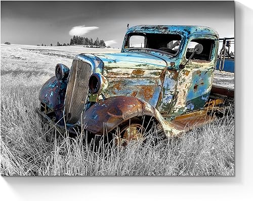 SunFlax Lienzo de pared de automóvil oxidado obra de arte de camión azul antiguo, cuadro rústico de automóvil, pintura antigua de campo, impresión
