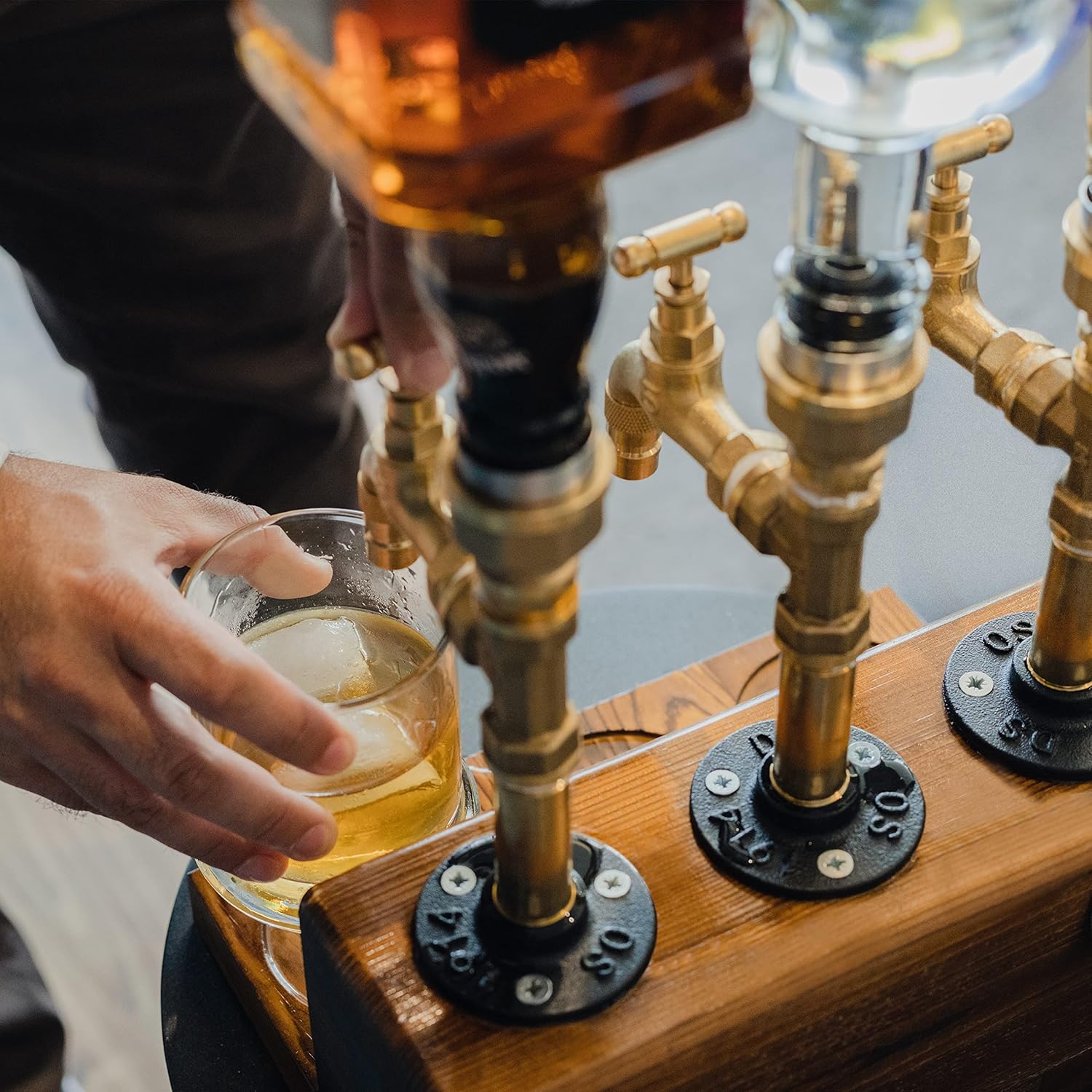 Wood Liquor Dispenser-Solid Base Real Brass, Leakproof,Smooth Pouring Dispenser for Home Bar- Fathers Day Alcohol Gifts for Men