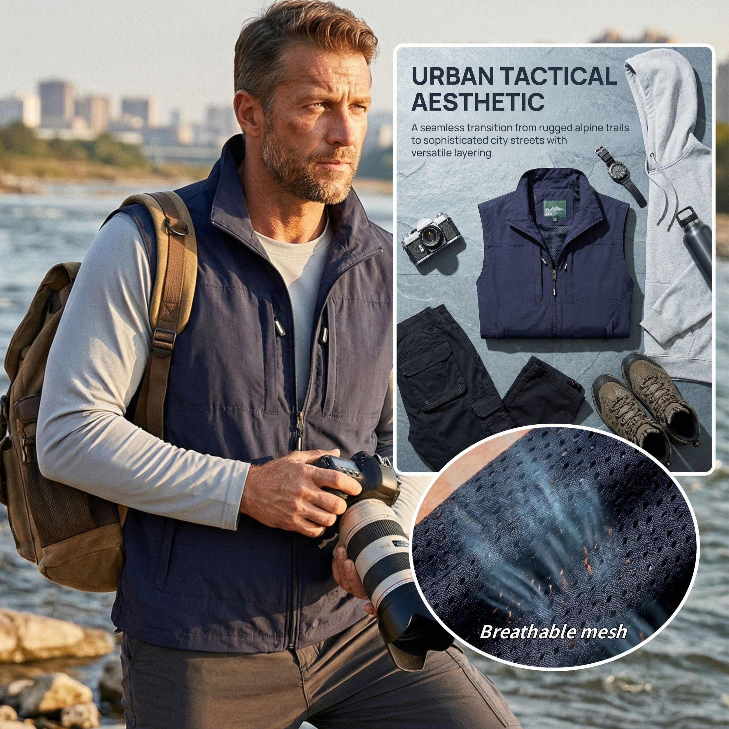 Chaleco de Pesca Multi Bolsillos Transpirable Secado Rápido para Hombre Trabajo Senderismo