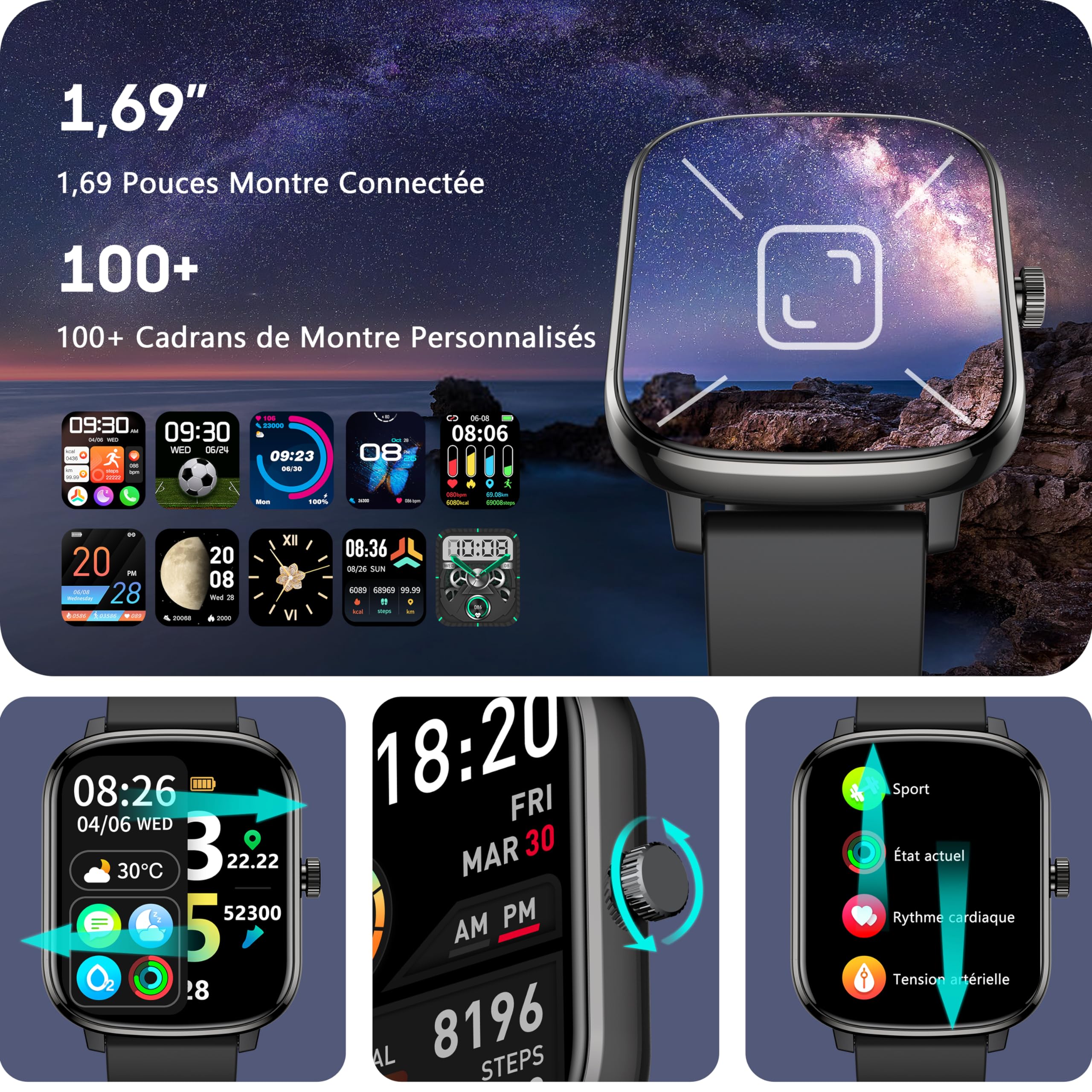 KALINCO Montre Connectée Femme Homme Enfant, 1,69" Smartwatch 100+ Modes Sportifs Podometre Moniteur de Fréquence Cardiaque Tension artérielle SpO2 Montre Intelligente Bracelet pour Android iOS