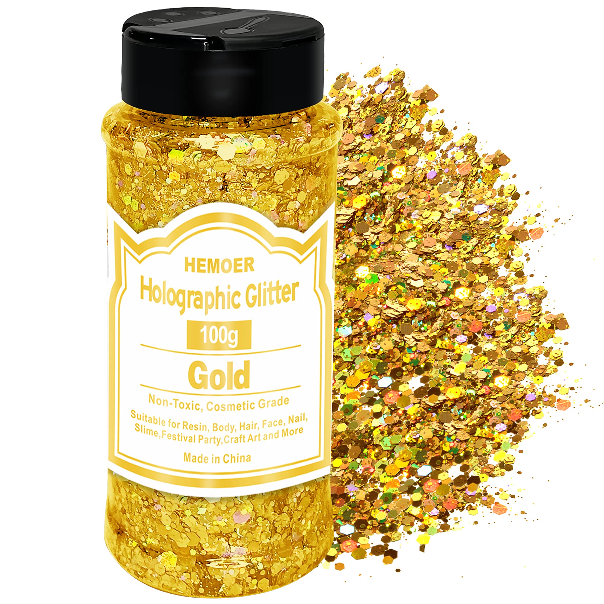 HEMOER Oro Purpurina Holográfica para Resina Epoxi, 100g Purpurina Gruesa Manualidades, Nivel Cosmético Purpurina para Cuerpo, Ojos, Rostro, Hacer Manualidades