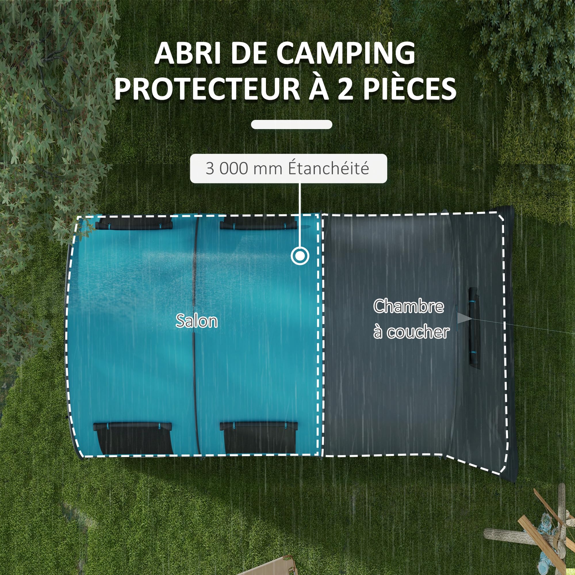 Outsunny Tente de Camping 3 Personnes Tente de Trekking légère ventilée étanche 3000 mm avec 2 Portes de Chambre et Sac de Transport Montage Facile, imperméable 480 x 260 x 200 cm