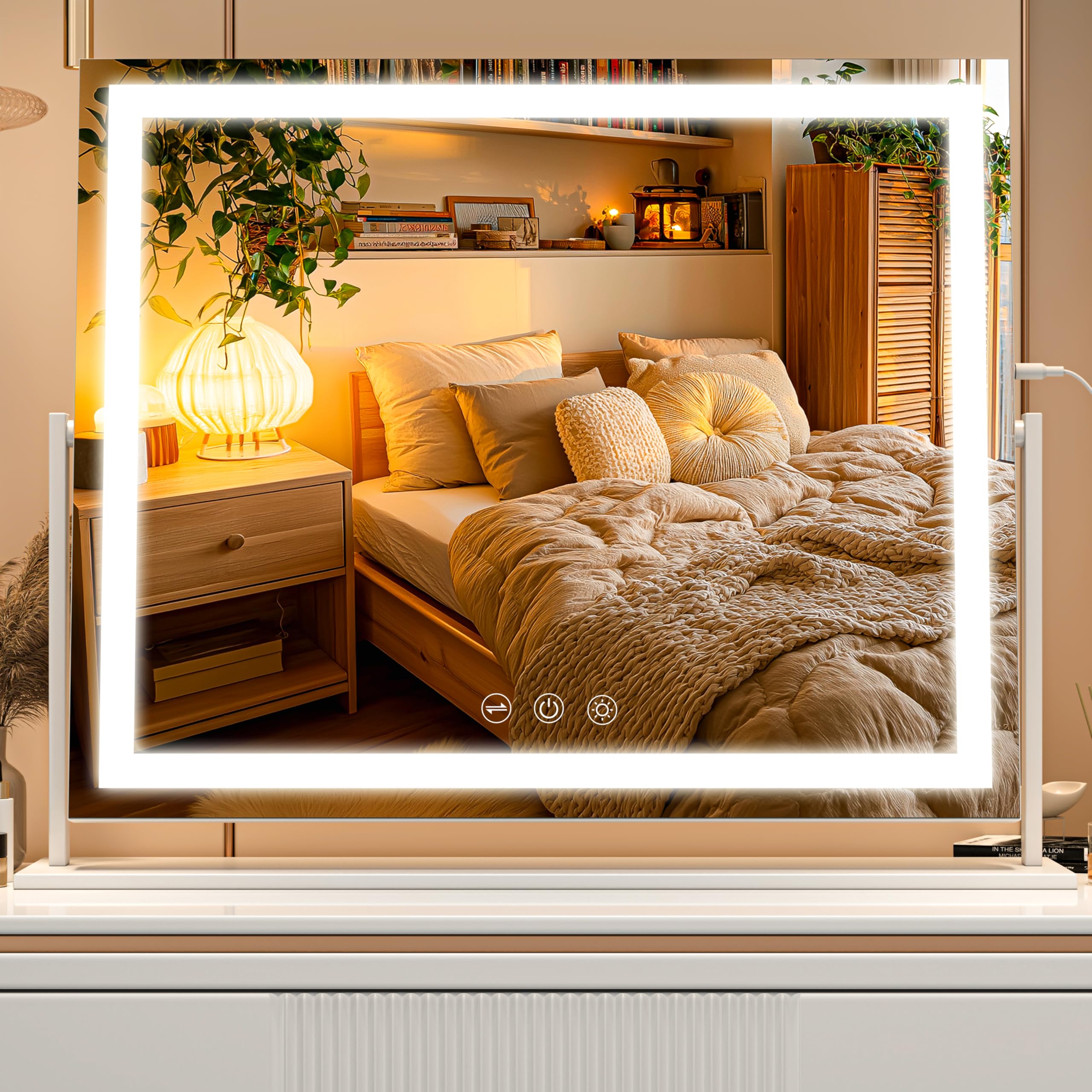 Kosmetikspiegel mit Lichtern, 55 x 45 cm LED Schminkspiegel mit 10x Vergrößerung und 3 Farbtemperaturen, Touch Control Tischspiegel, 360° Drehung, Make-up Spiegel Weiß