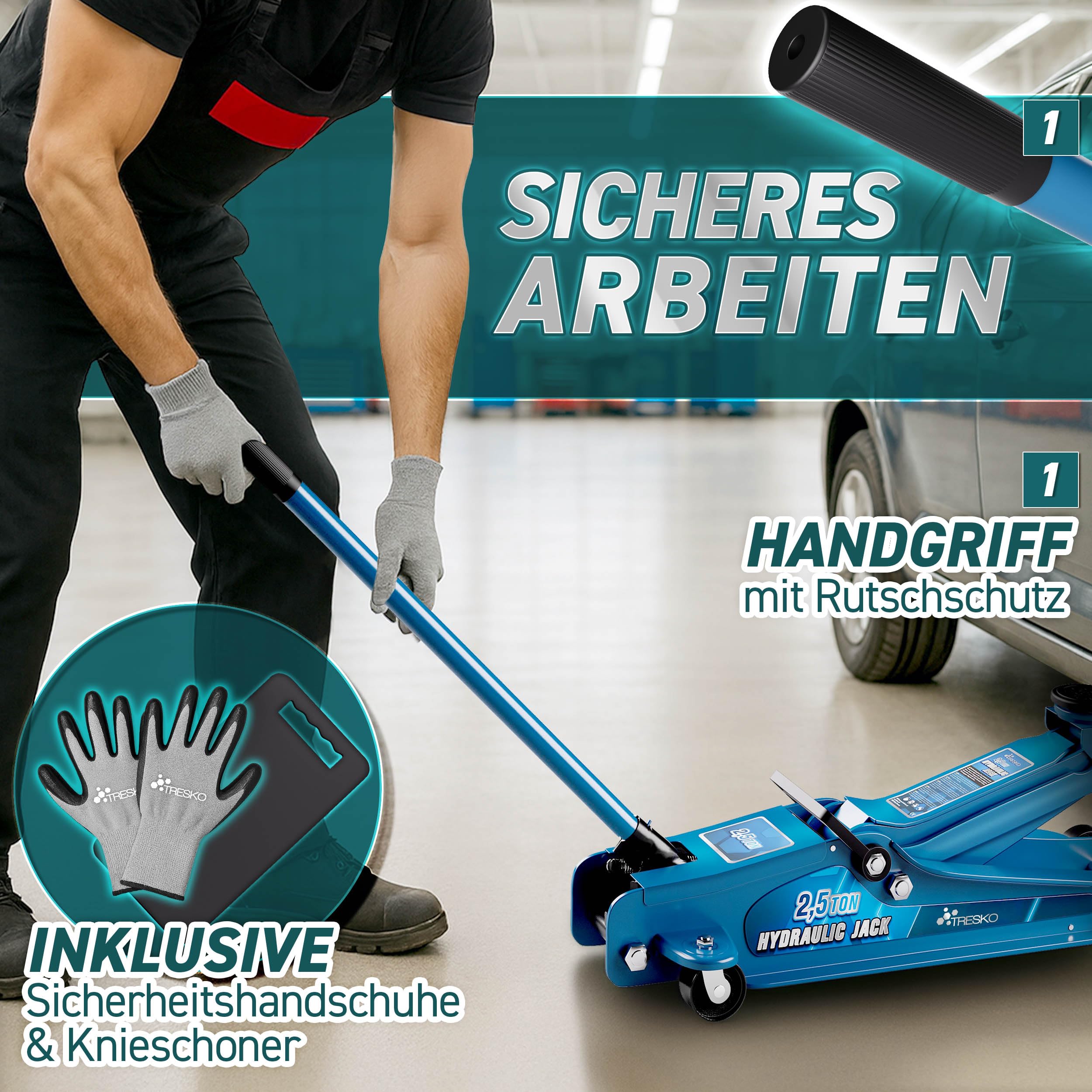 TRESKO® Wagenheber hydraulisch 2,5T Hubhöhe 85-385mm mit Koffer | Hydraulik KFZ Rangierwagenheber flach für tiefergelegte Autos - 360° Rollen inkl. 2X Gummiauflage, Kniematte, Handschuhe, Profilmesser