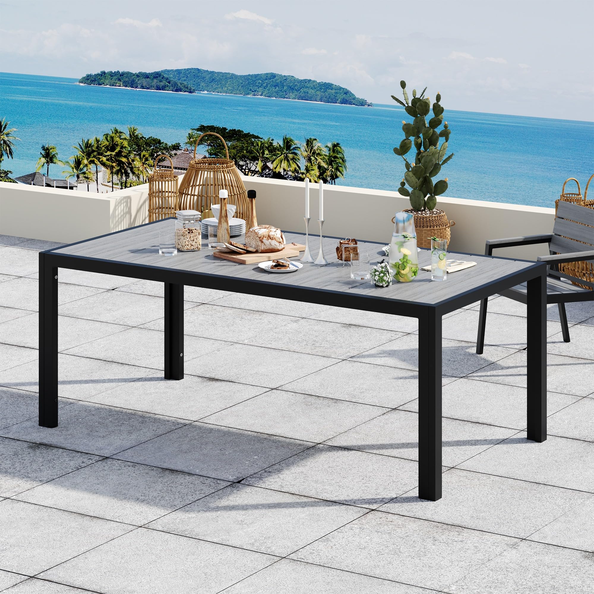 Devoko HDPS wetterfester Gartentisch, 189 x 80 x 74 cm Aluminium-Tisch für den Außenbereich mit Holzmaserung, pflegeleicht, Esstisch für 6 bis 10 Personen (grau)