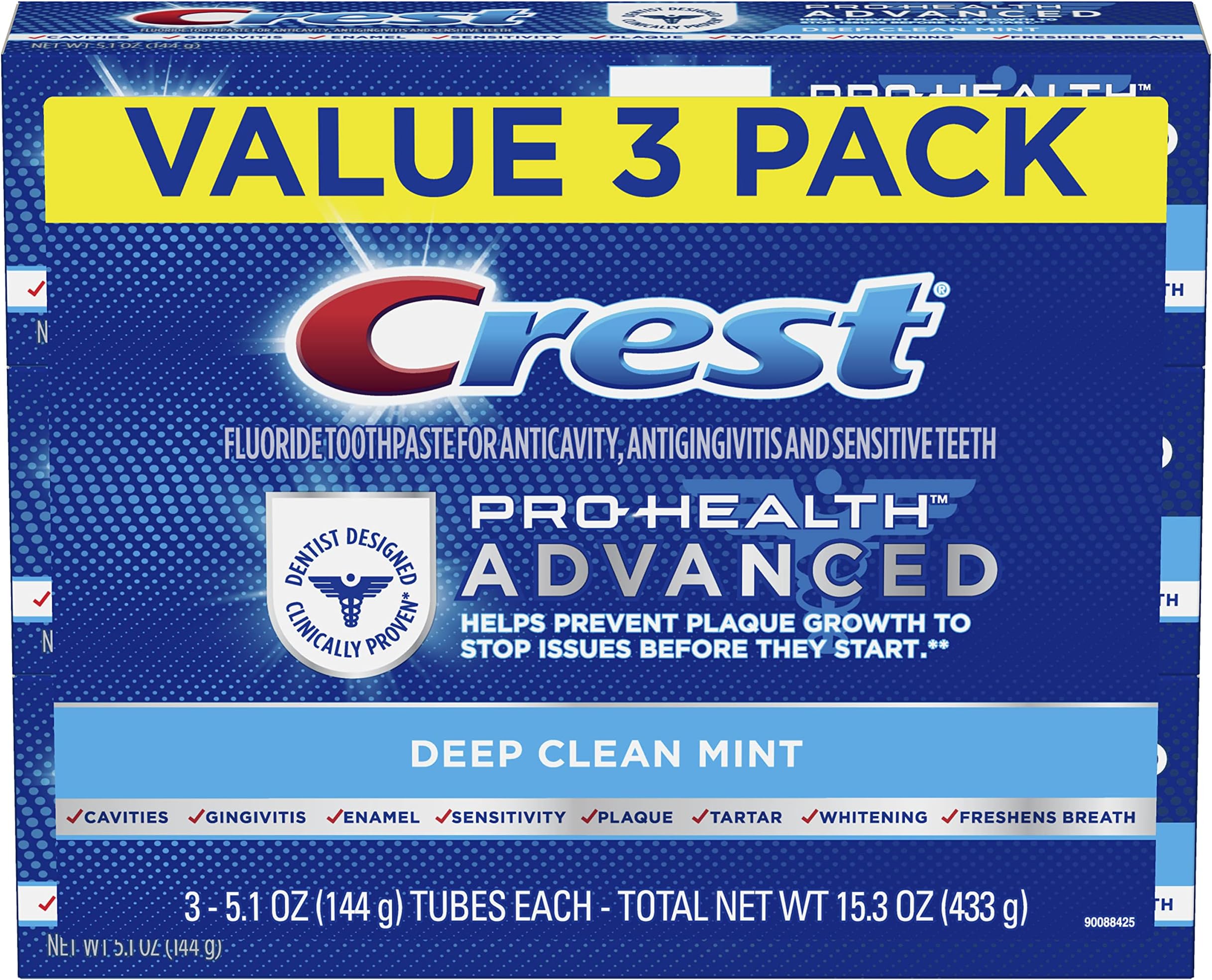 Crest Pro Health Advanced Deep Clean Toothpaste, Mint, 5.1 Ounce, Pack of 3