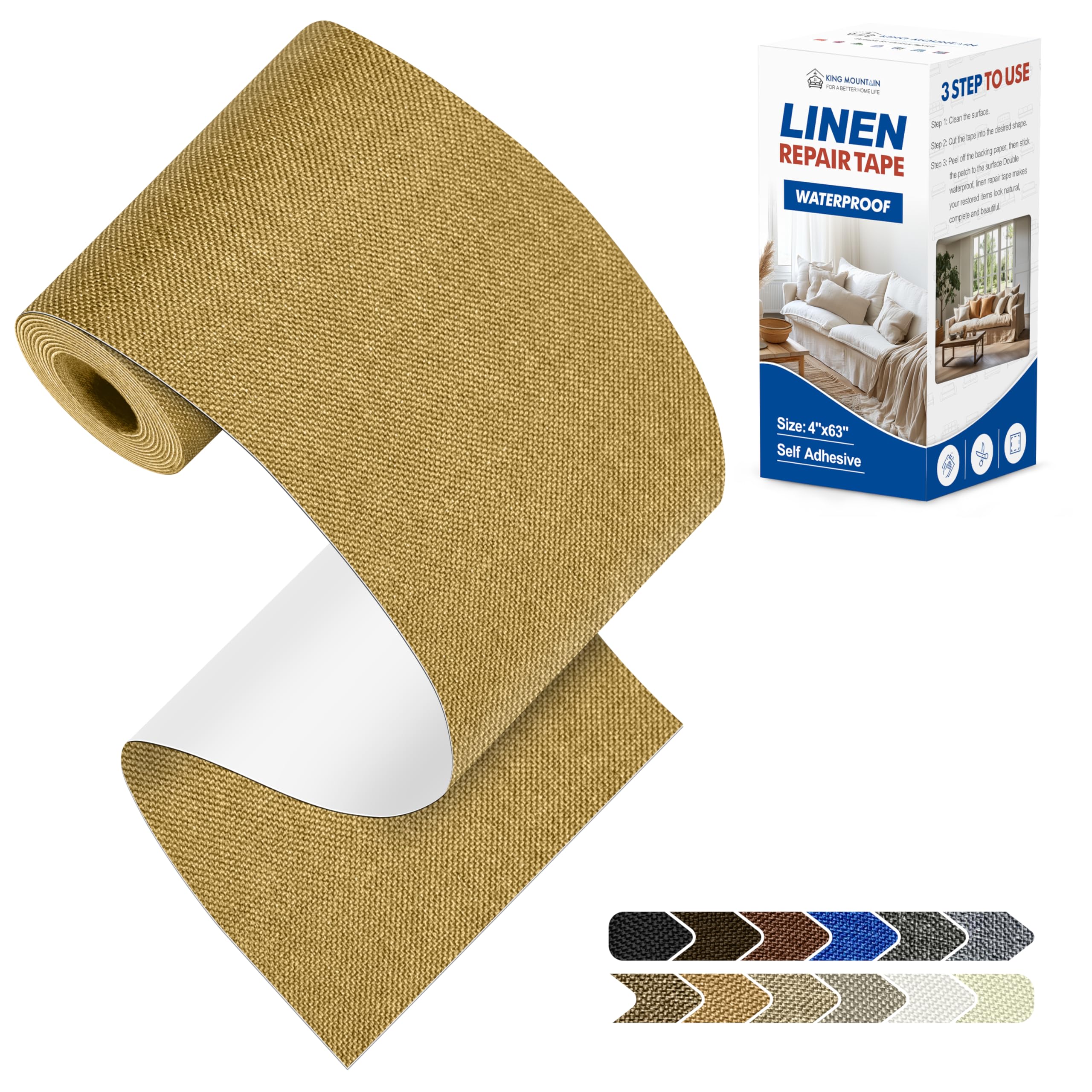 KING MOUNTAIN Linen Repair Patches, Self-Adhesive Fabric Patches, 4 X 63 inch Extra Size, Multi Color, Can be Used for Sofa Repair (Yellow)